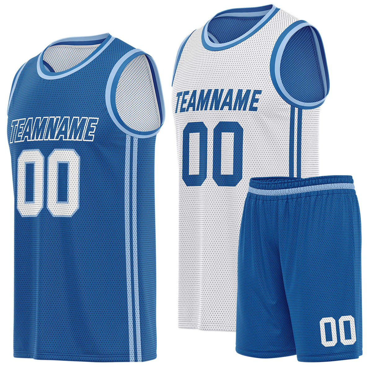 Custom reversible blue &amp; white basketball uniform (jersey + shorts), personalized team name number logo breathable mesh sports set for men women youth game practice - Vosoli