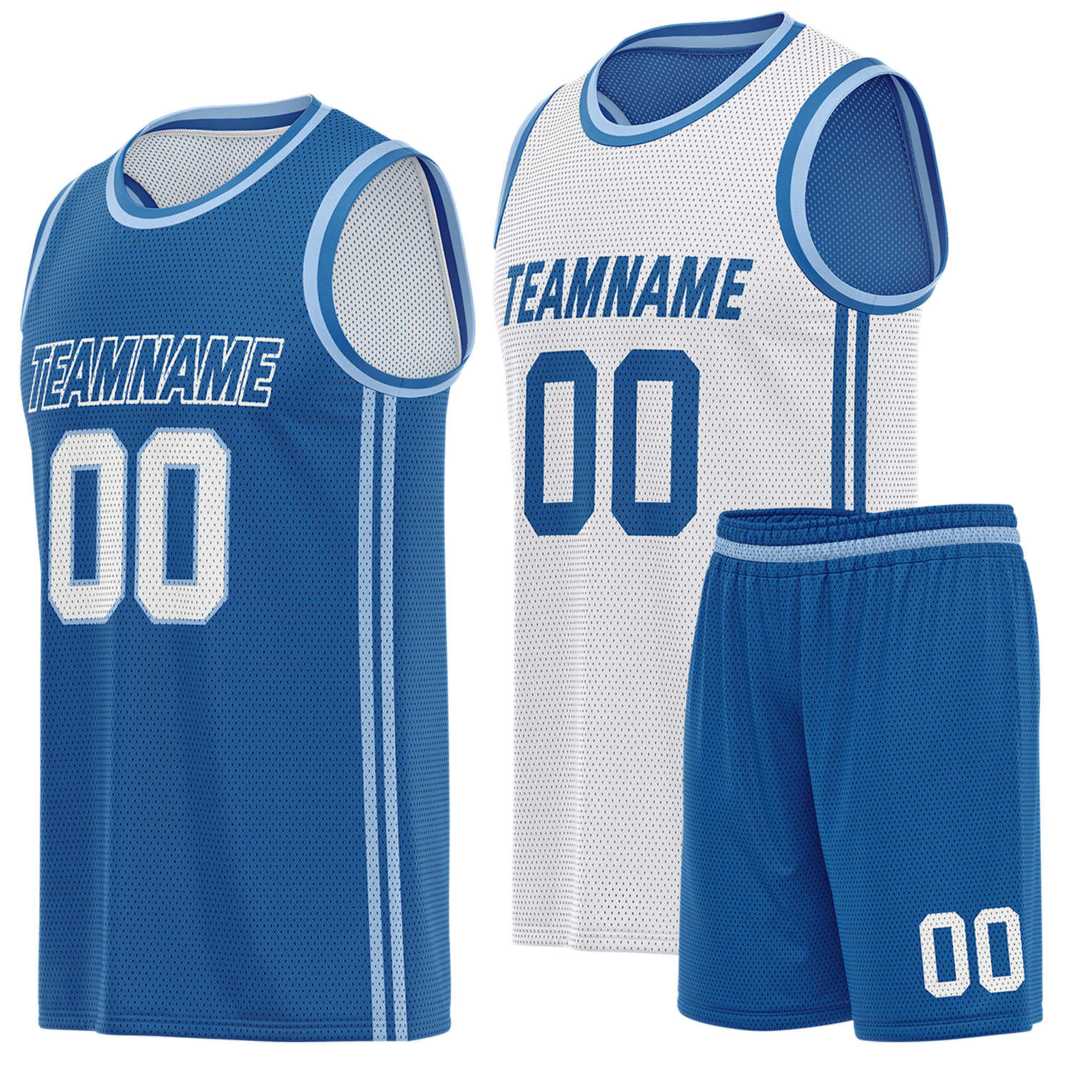 Custom reversible blue & white basketball uniform (jersey + shorts), personalized team name number logo breathable mesh sports set for men women youth game practice - Vosoli