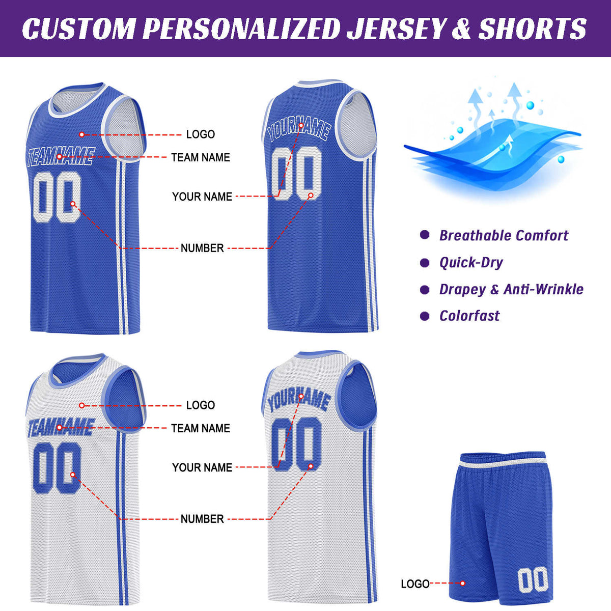 Custom Reversible Blue & White Basketball Uniform | Jersey & Shorts Set - Vosoli