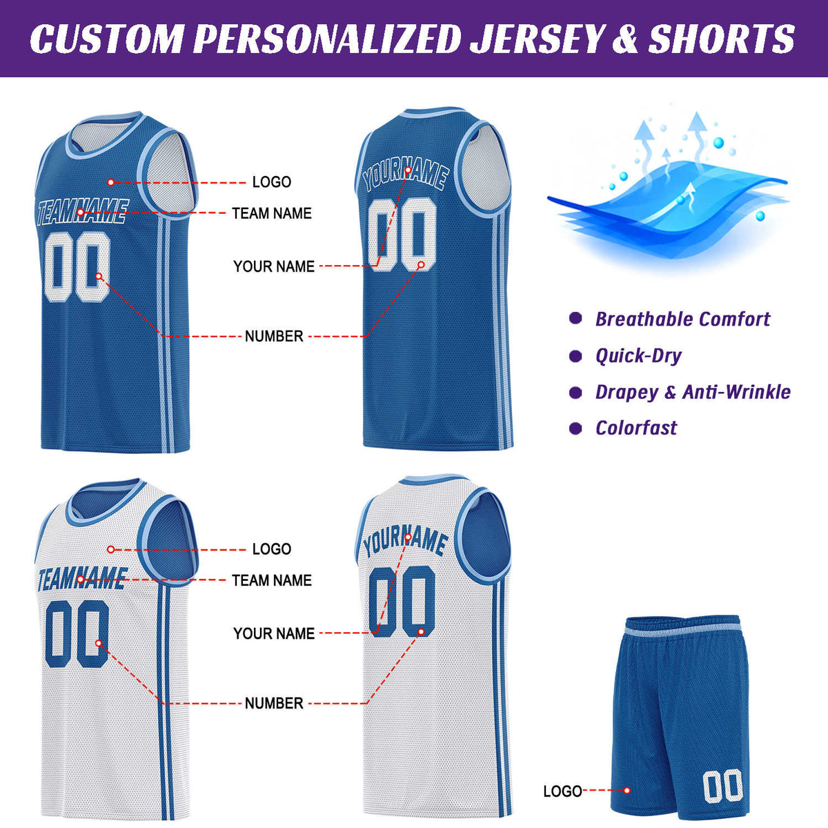 Custom Reversible Blue & White Basketball Uniform | Jersey & Shorts Set - Vosoli