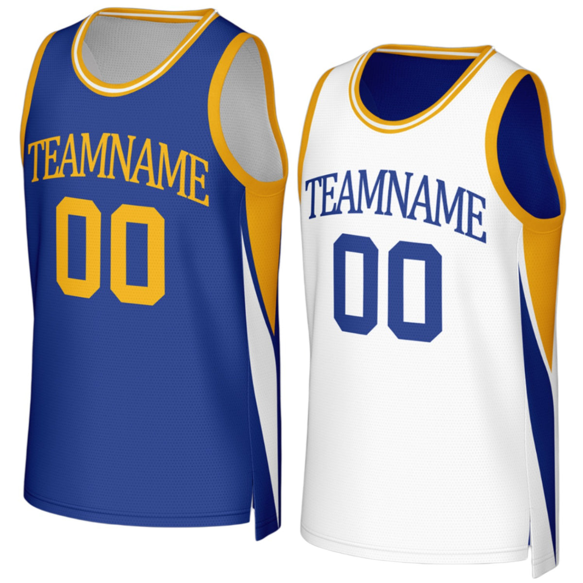 Custom junior high reversible blue and white basketball jersey by Vosoli with personalized team name, number and logo on both sides, breathable mesh 2‑in‑1 jersey for junior high, high school and AAU teams