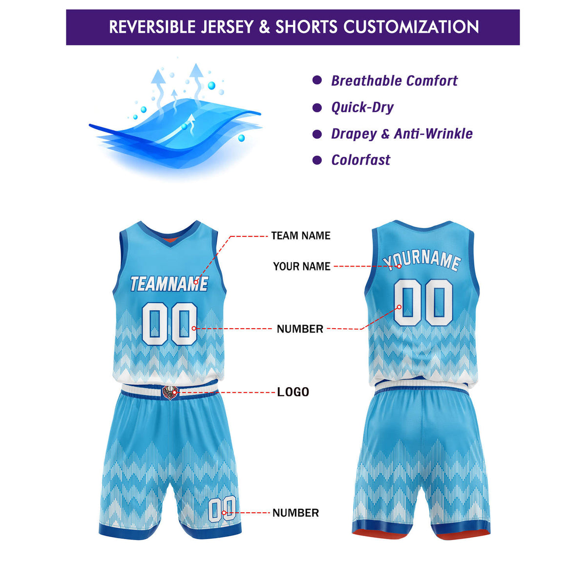 Custom Reversible Basketball Jersey + Shorts Set (Blue-White & Red-White Gradient) - Personalized Team Name, Number & LOGO | Vosoli