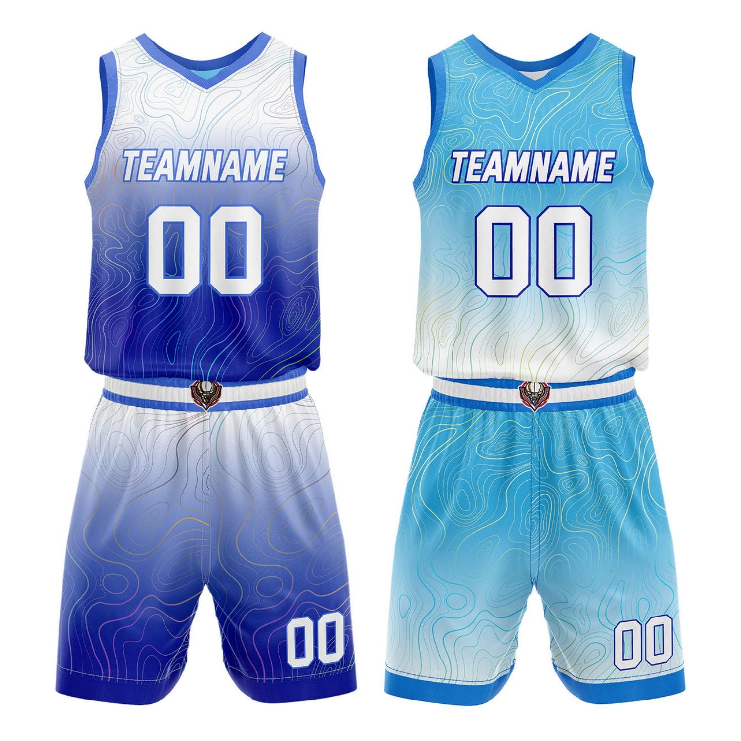 Custom Reversible Basketball Jersey + Shorts Set (Blue-White Gradient Wave) - Personalized Team Name, Number & LOGO | Vosoli