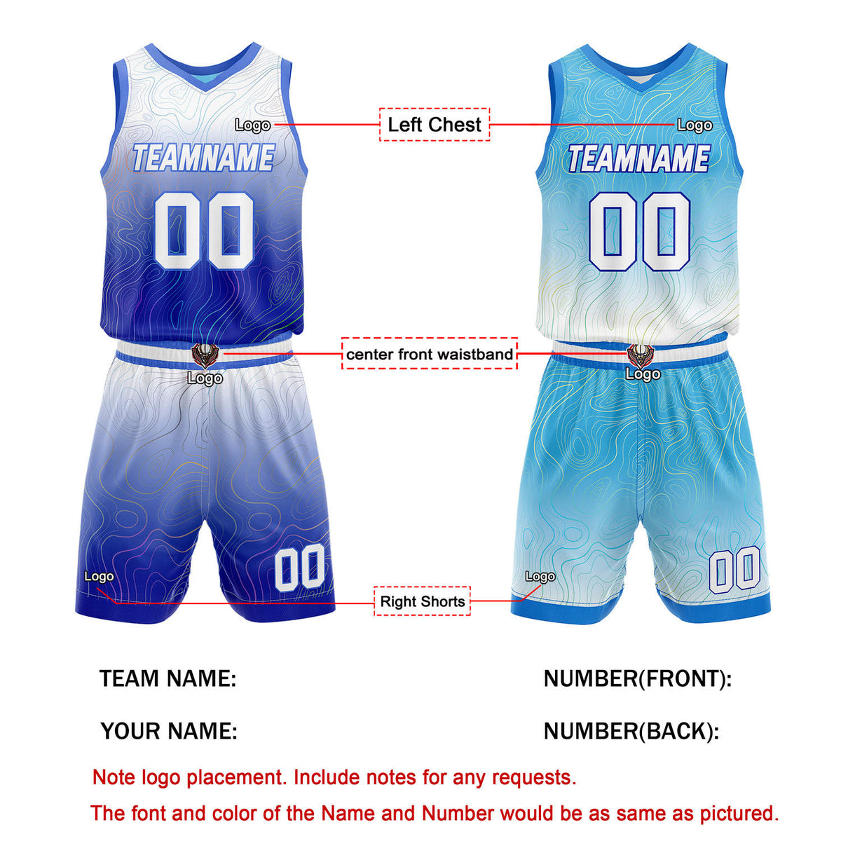 Custom Reversible Basketball Jersey + Shorts Set (Blue-White Gradient Wave) - Personalized Team Name, Number & LOGO | Vosoli