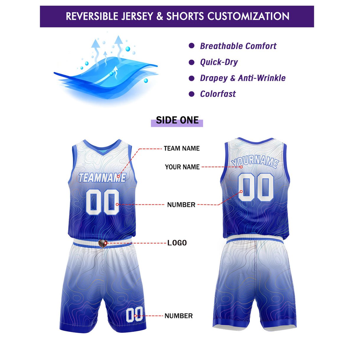 Custom Reversible Basketball Jersey + Shorts Set (Blue-White Gradient Wave) - Personalized Team Name, Number & LOGO | Vosoli