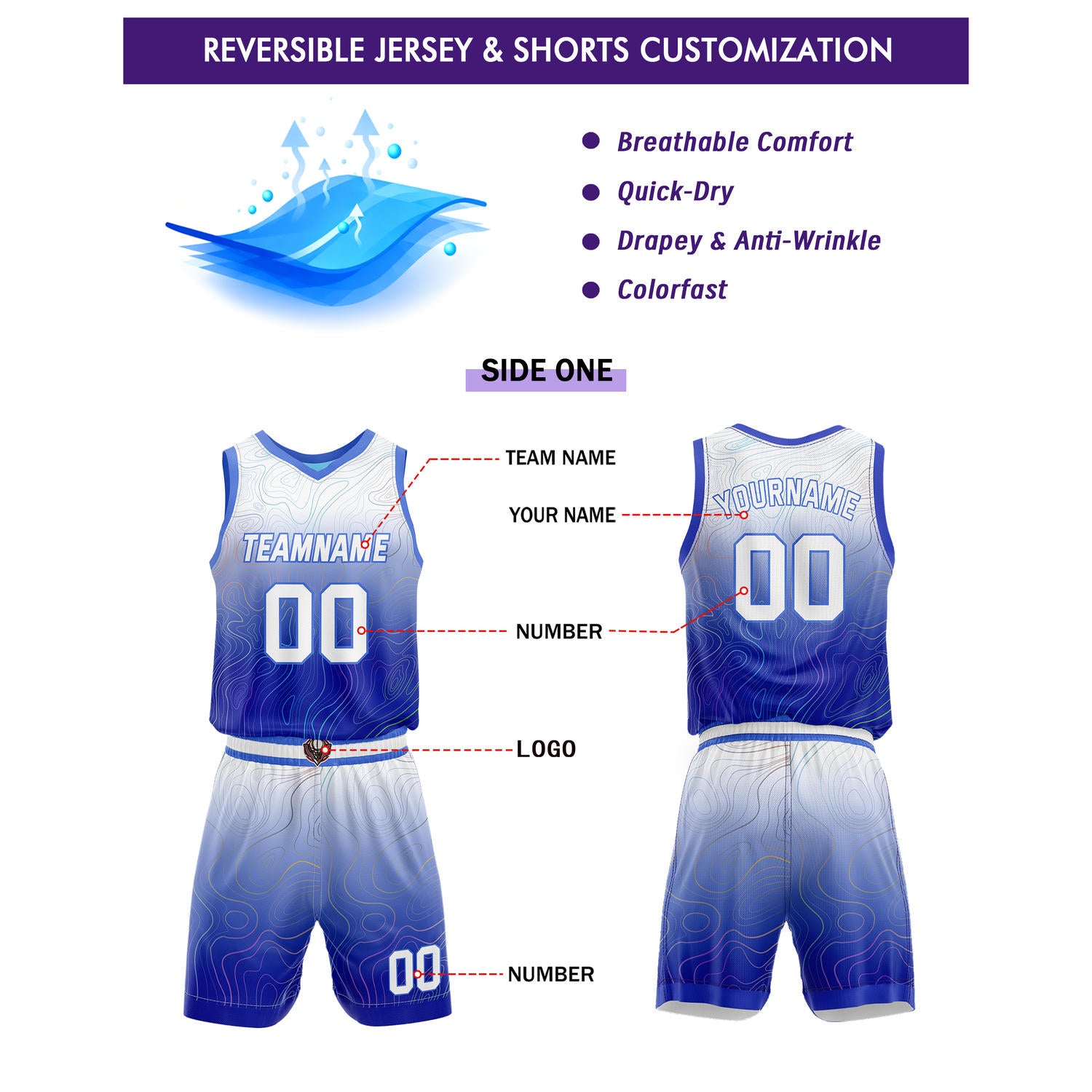 Custom Reversible Basketball Jersey + Shorts Set (Blue-White Gradient Wave) - Personalized Team Name, Number & LOGO | Vosoli