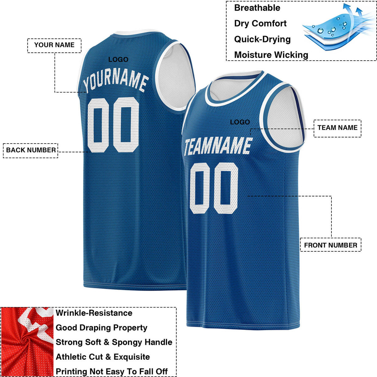 Custom Reversible Blue & White Mesh Basketball Jersey | Personalized Team Jersey | Vosoli