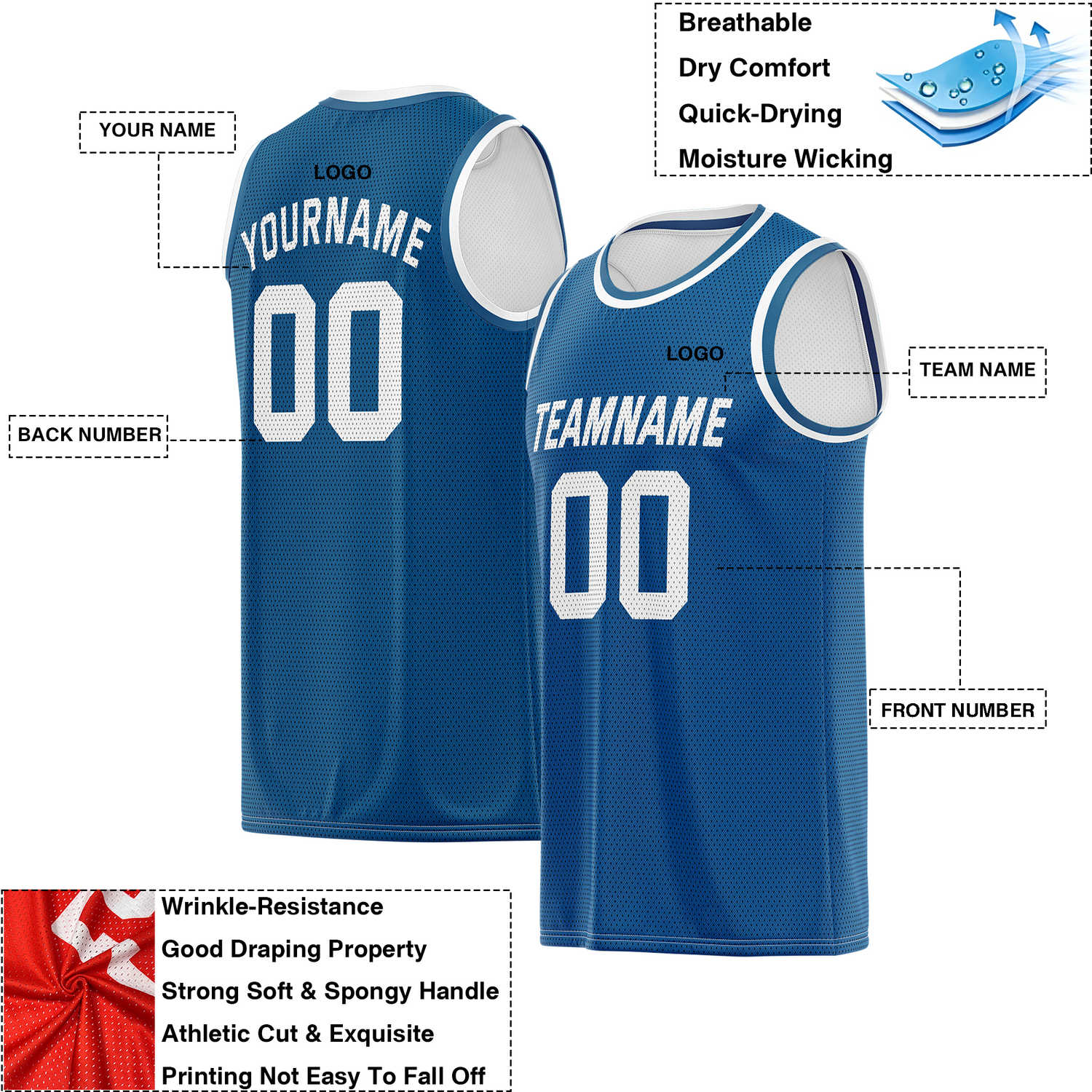 Custom Reversible Blue & White Mesh Basketball Jersey | Personalized Team Jersey | Vosoli