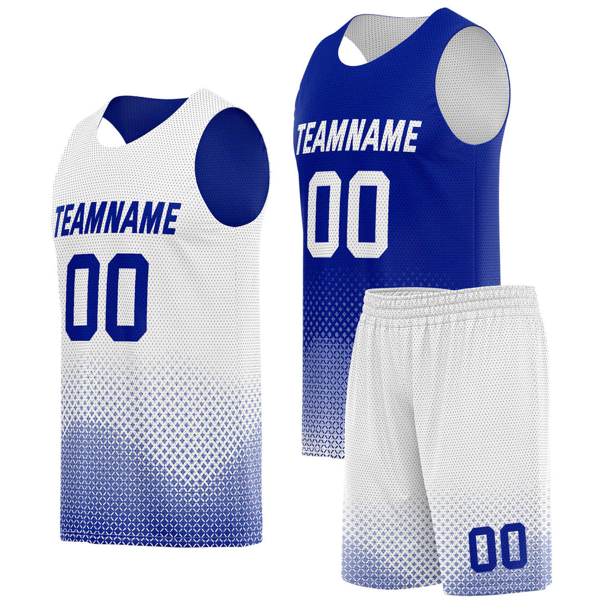 Custom reversible blue white basketball uniform, personalized team name number logo breathable Mesh sports set for men women youth game practice wear - Vosoli