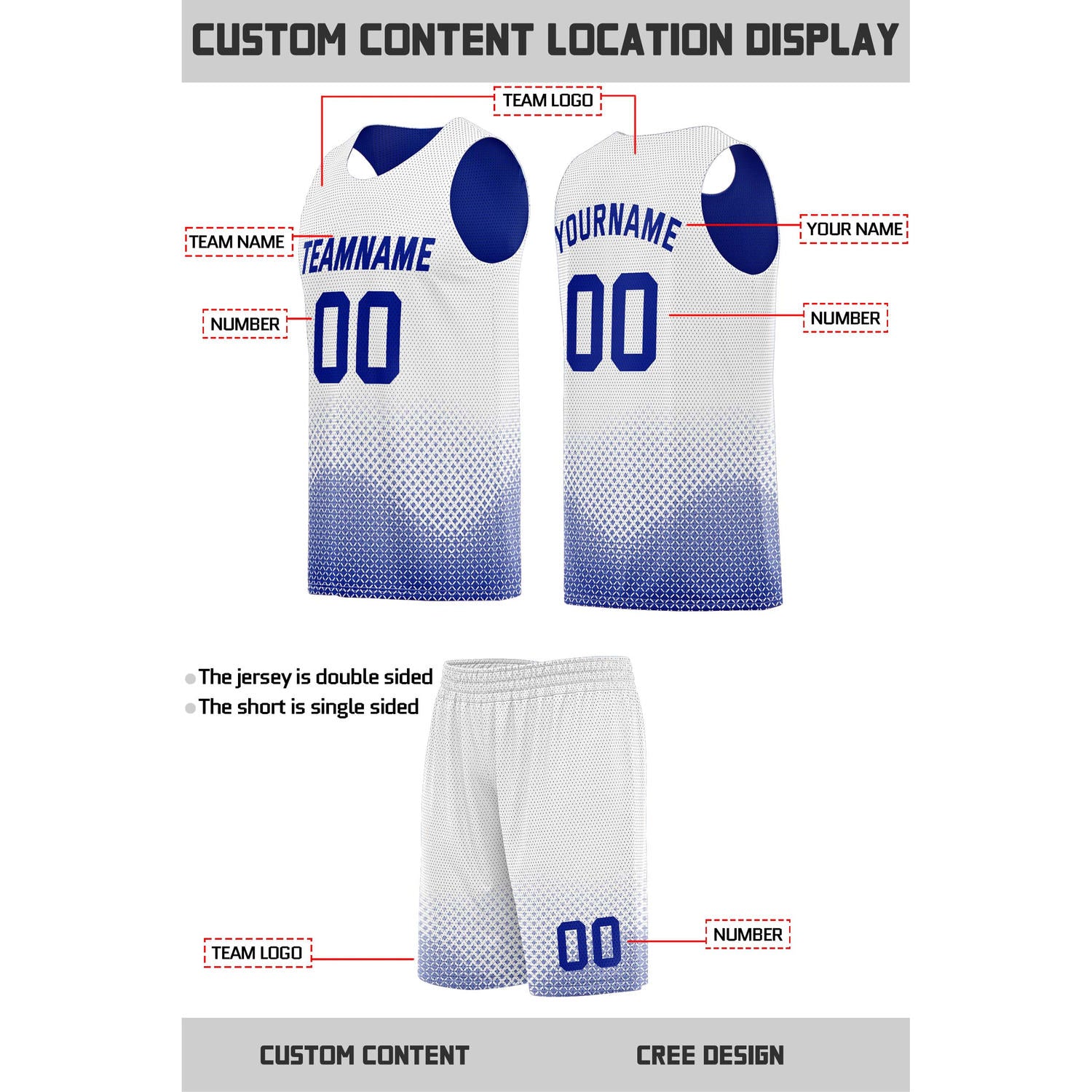 Custom reversible blue white basketball uniform, personalized team name number logo breathable Mesh sports set for men women youth game practice wear - Vosoli