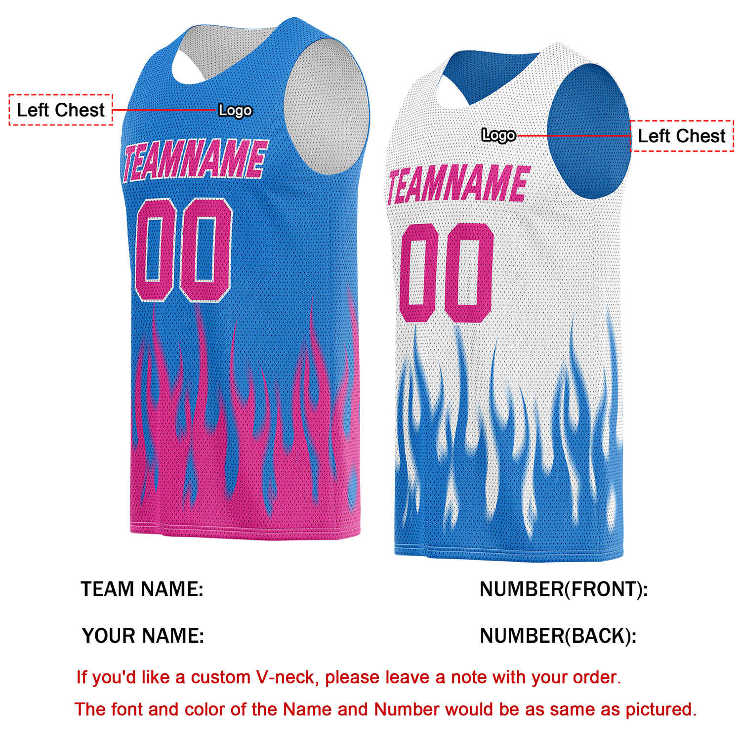 Custom Reversible Blue White Pink Flame Basketball Jersey | Personalized Team Top - Vosoli