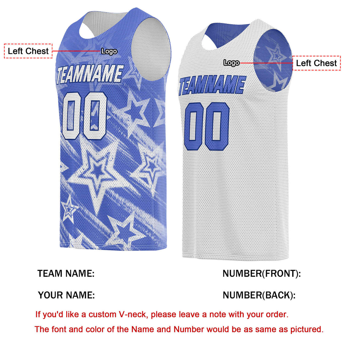 Custom Reversible Blue White Star Basketball Jersey | Personalized Team Top - Vosoli