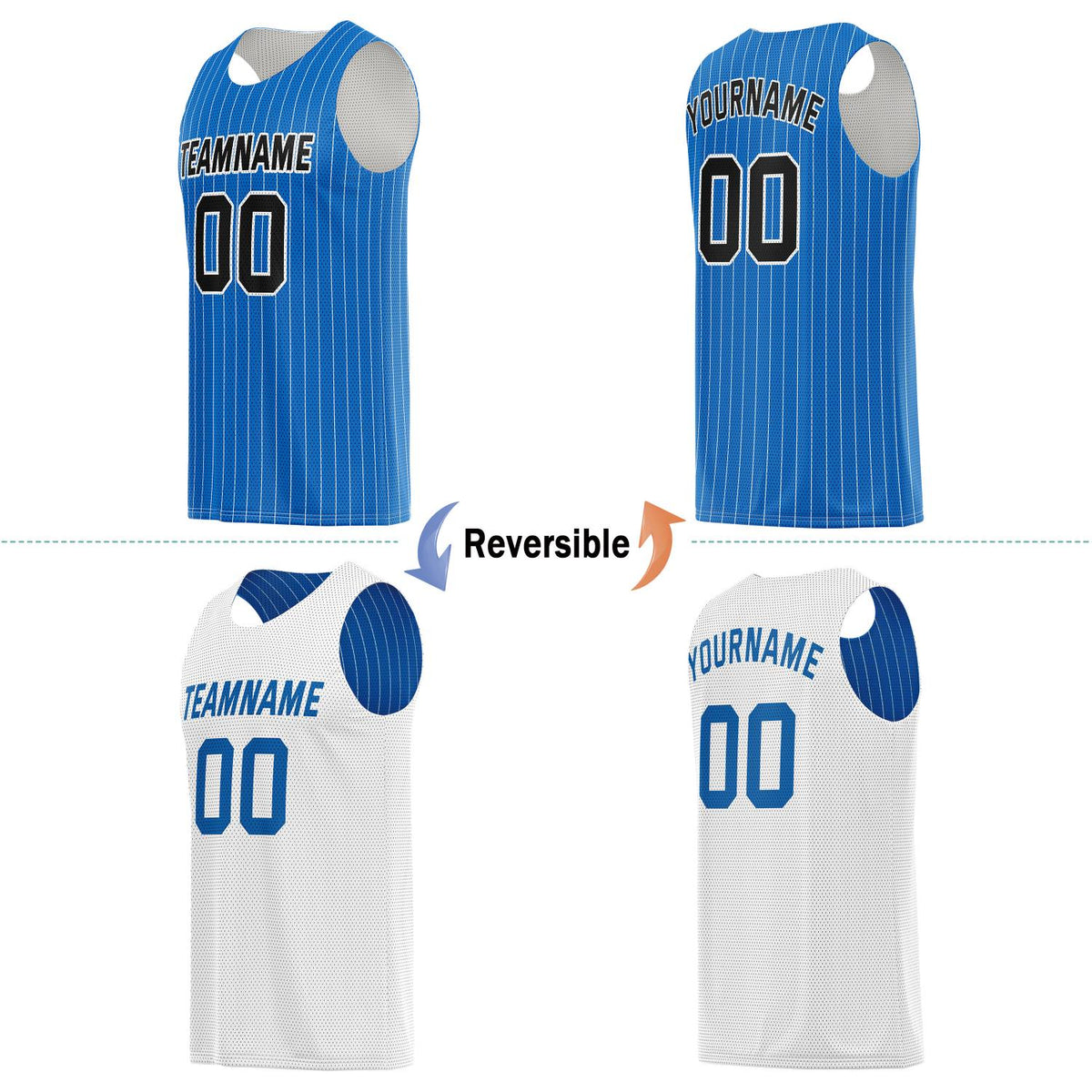 Custom Reversible Blue White Striped Basketball Jersey | Personalized Team Name, Number & LOGO | Vosoli
