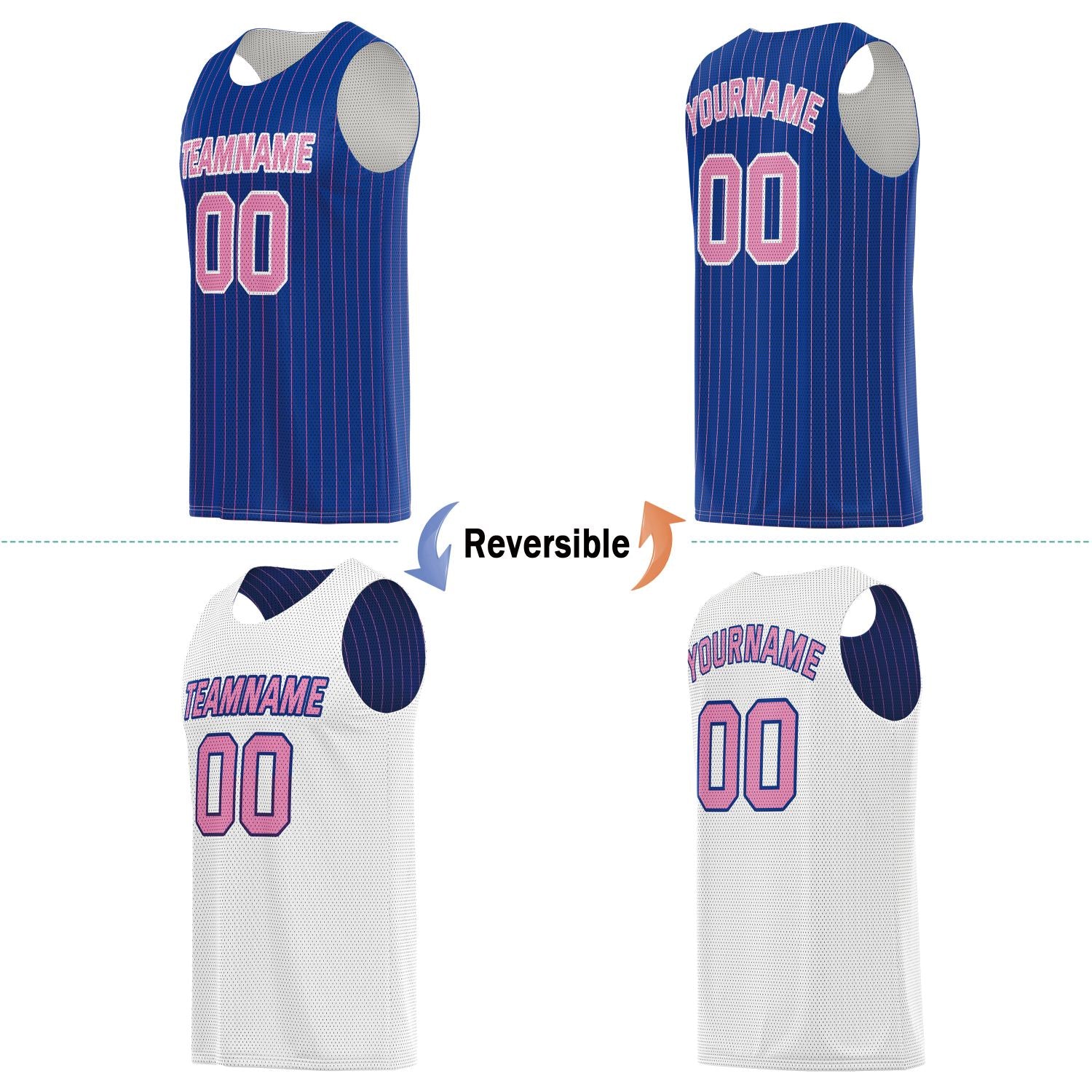 Custom Reversible Blue White Pinstripe Basketball Jersey, Personalized Team Name Number Breathable Mesh Uniform for Men Women Youth