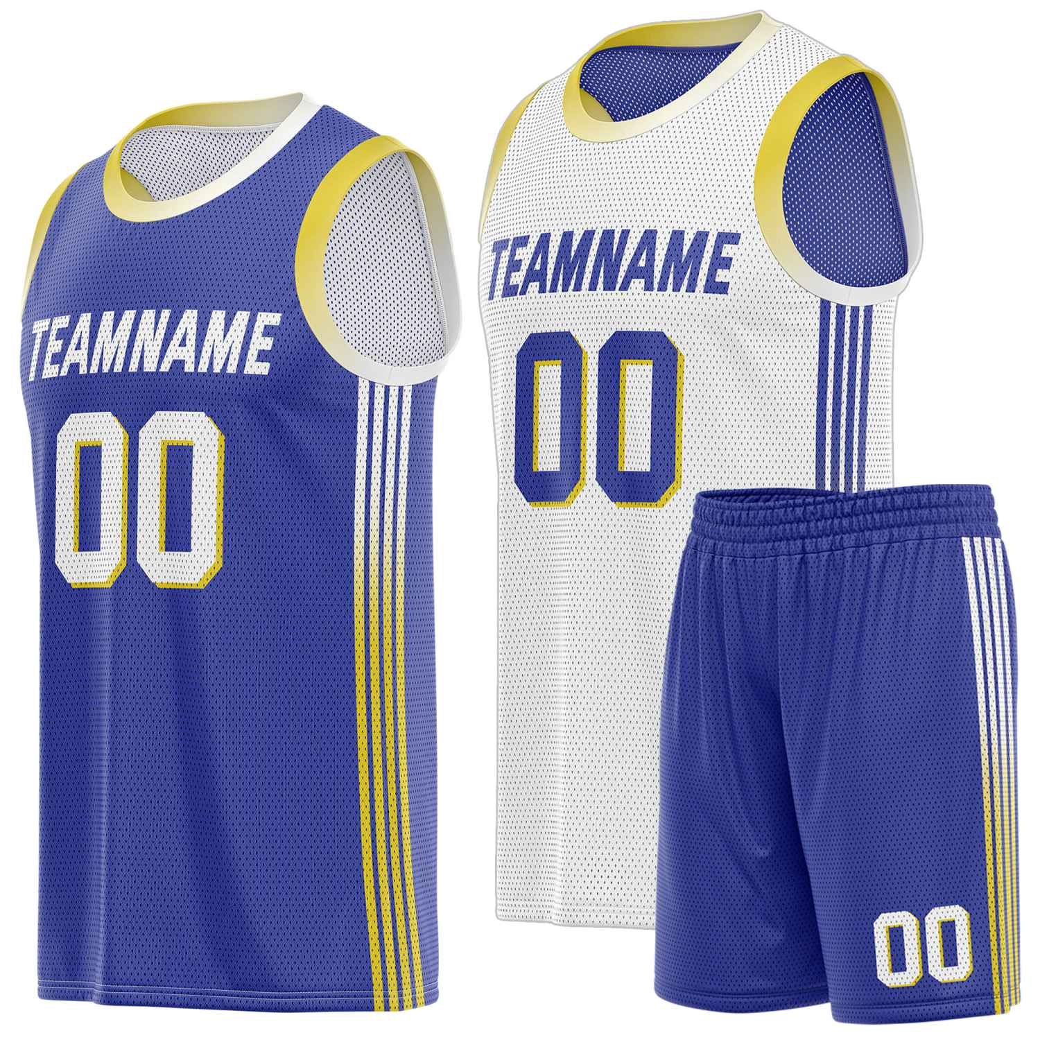 Custom Reversible Blue White Yellow Basketball Uniform Set | Team & Player Name - Vosoli