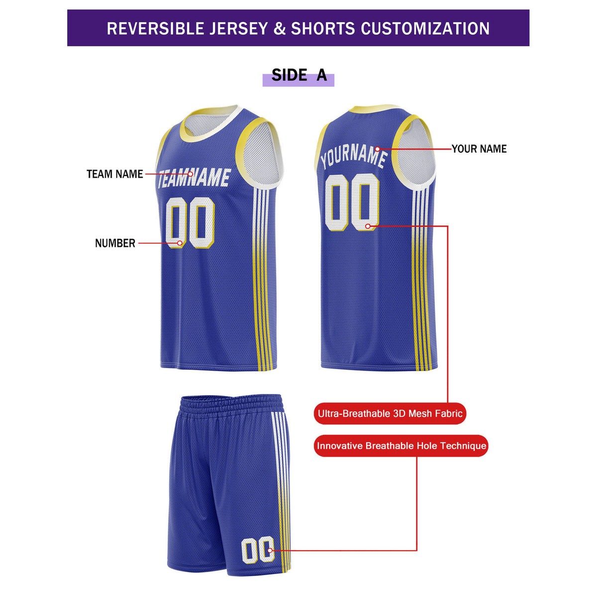 Custom Reversible Blue White Yellow Basketball Uniform Set | Team & Player Name - Vosoli