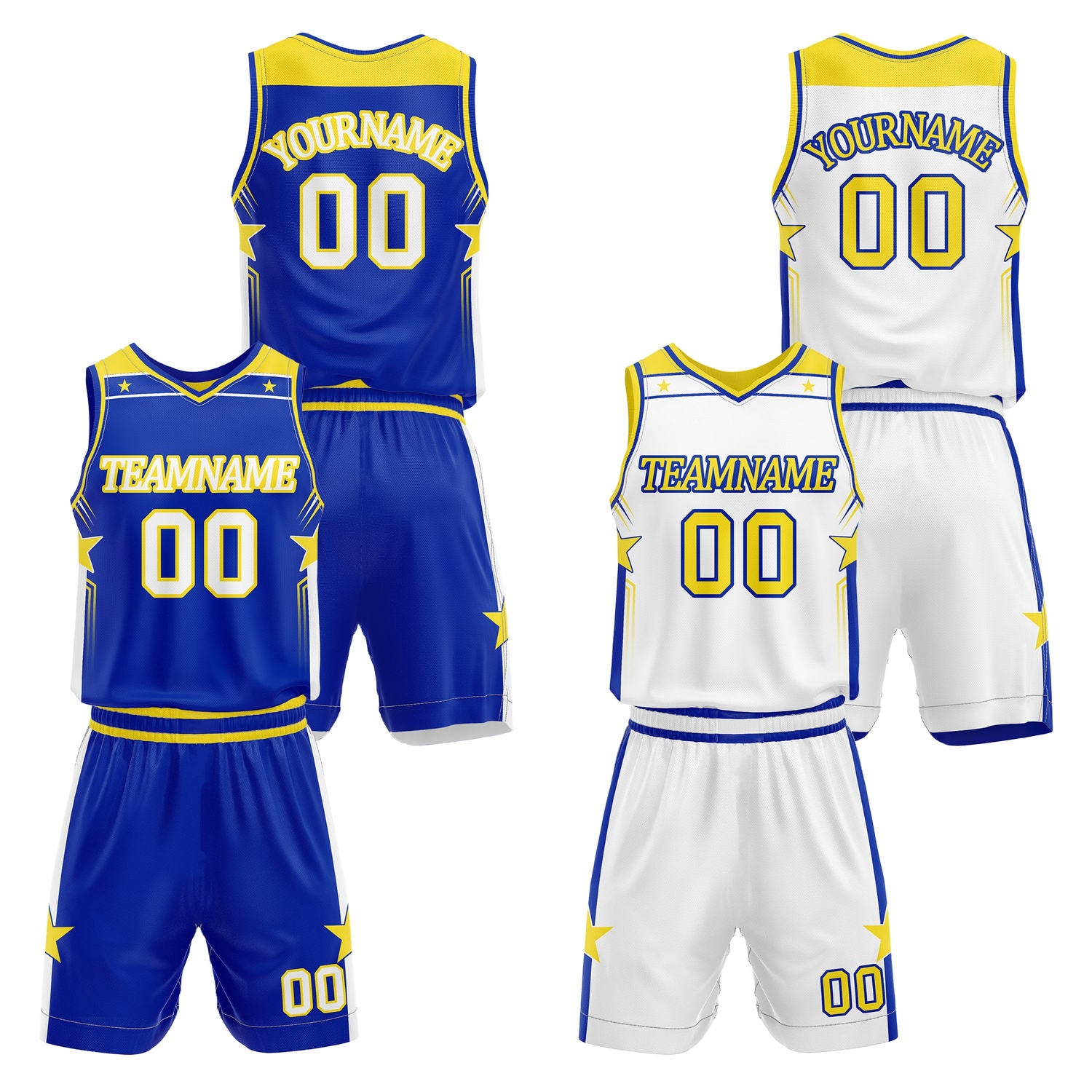 Custom reversible royal blue & white basketball uniform set, personalized with team name number and logo, breathable mesh fabric for men women youth game practice - Vosoli