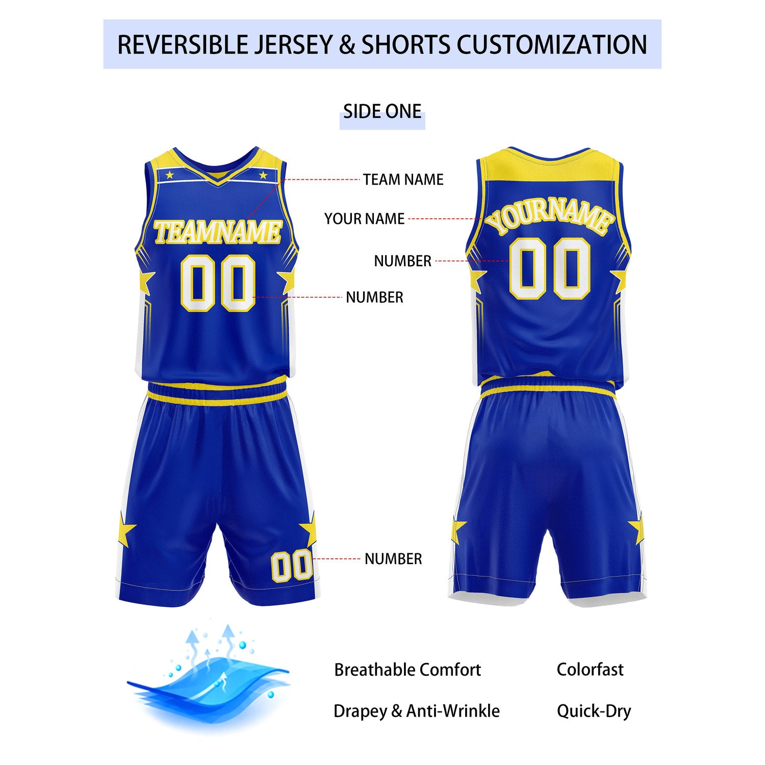 Custom reversible royal blue & white basketball uniform set, personalized with team name number and logo, breathable mesh fabric for men women youth game practice - Vosoli