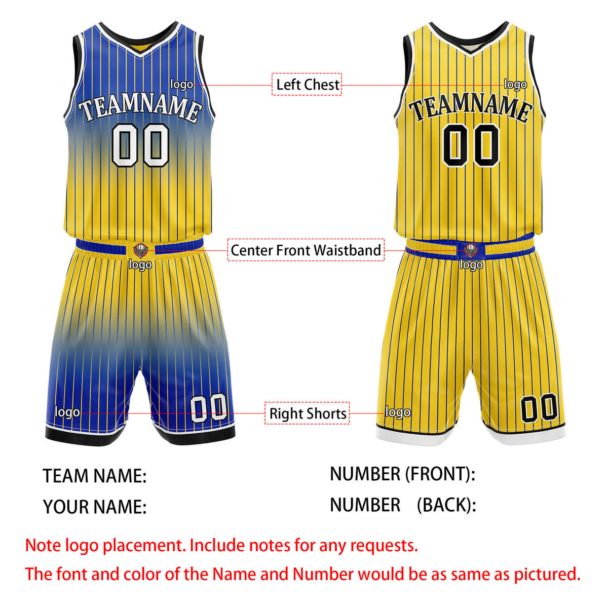 Custom Reversible Blue Yellow Gradient Striped Basketball Uniform Set | Team & Player Name - Vosoli