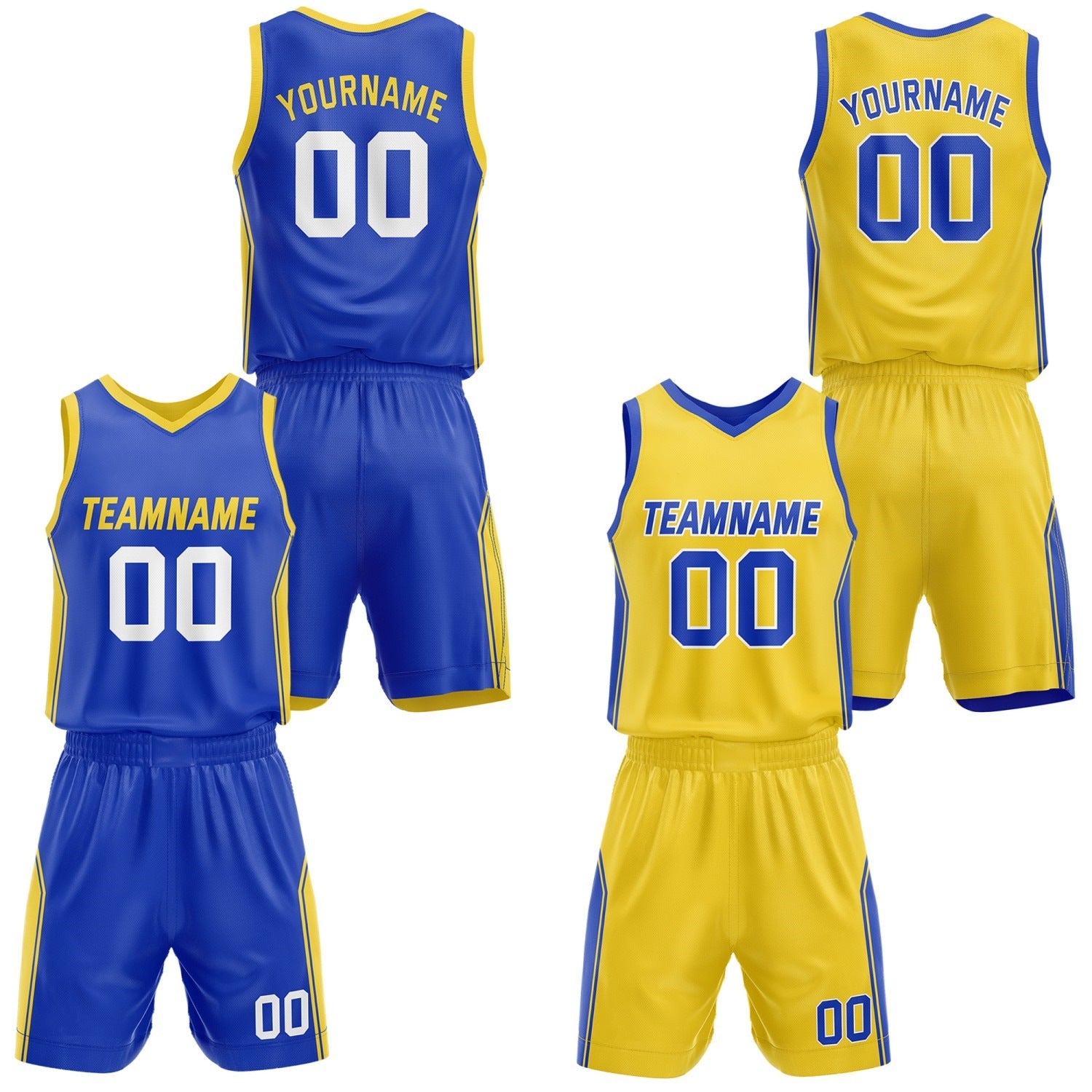 Custom Reversible Blue Yellow Basketball Jersey and Shorts Set, Personalized Team Name Number Breathable Mesh Uniform for Men Women Youth