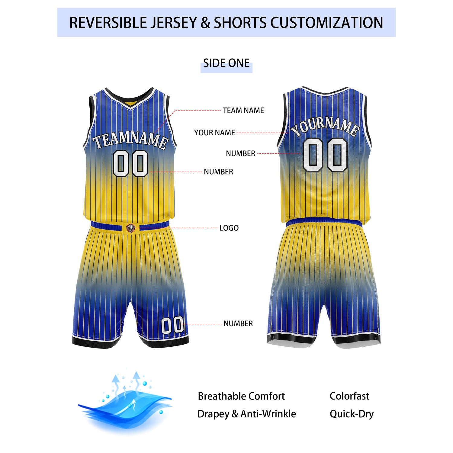 Custom Reversible Blue Yellow Gradient Striped Basketball Uniform Set | Team & Player Name - Vosoli