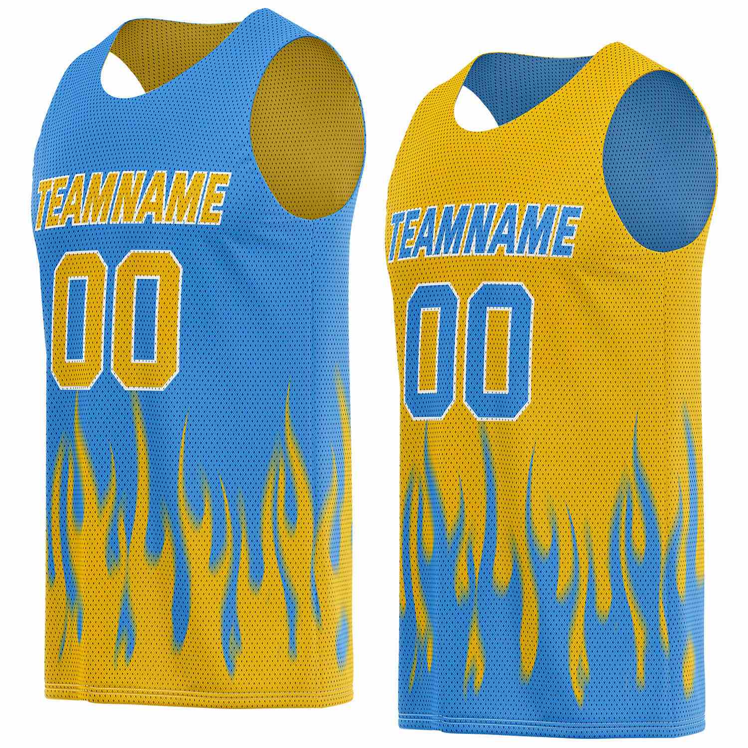 Custom Reversible Blue Yellow Flame Basketball Jersey | Personalized Team Top - Vosoli