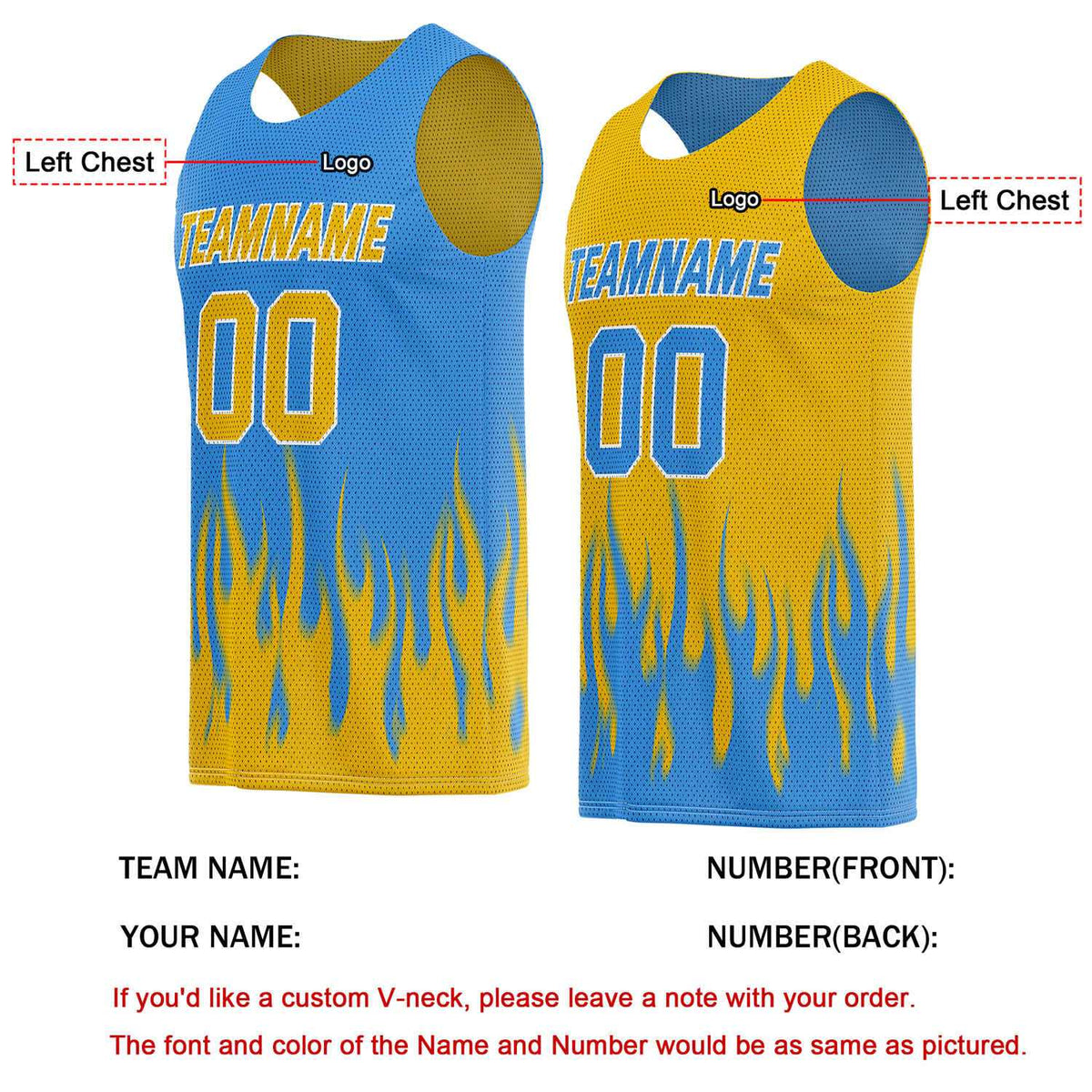 Custom Reversible Blue Yellow Flame Basketball Jersey | Personalized Team Top - Vosoli