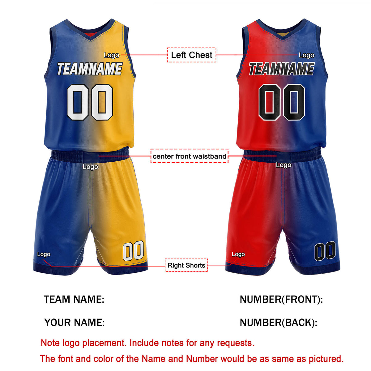 Custom Reversible Blue Yellow Red Basketball Uniform Set | Team & Player Name - Vosoli