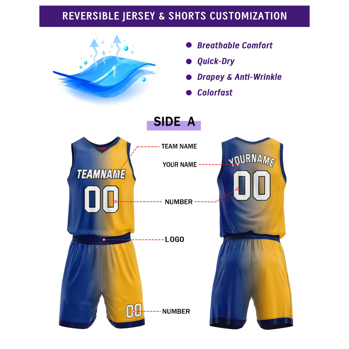 Custom Reversible Blue Yellow Red Basketball Uniform Set | Team & Player Name - Vosoli