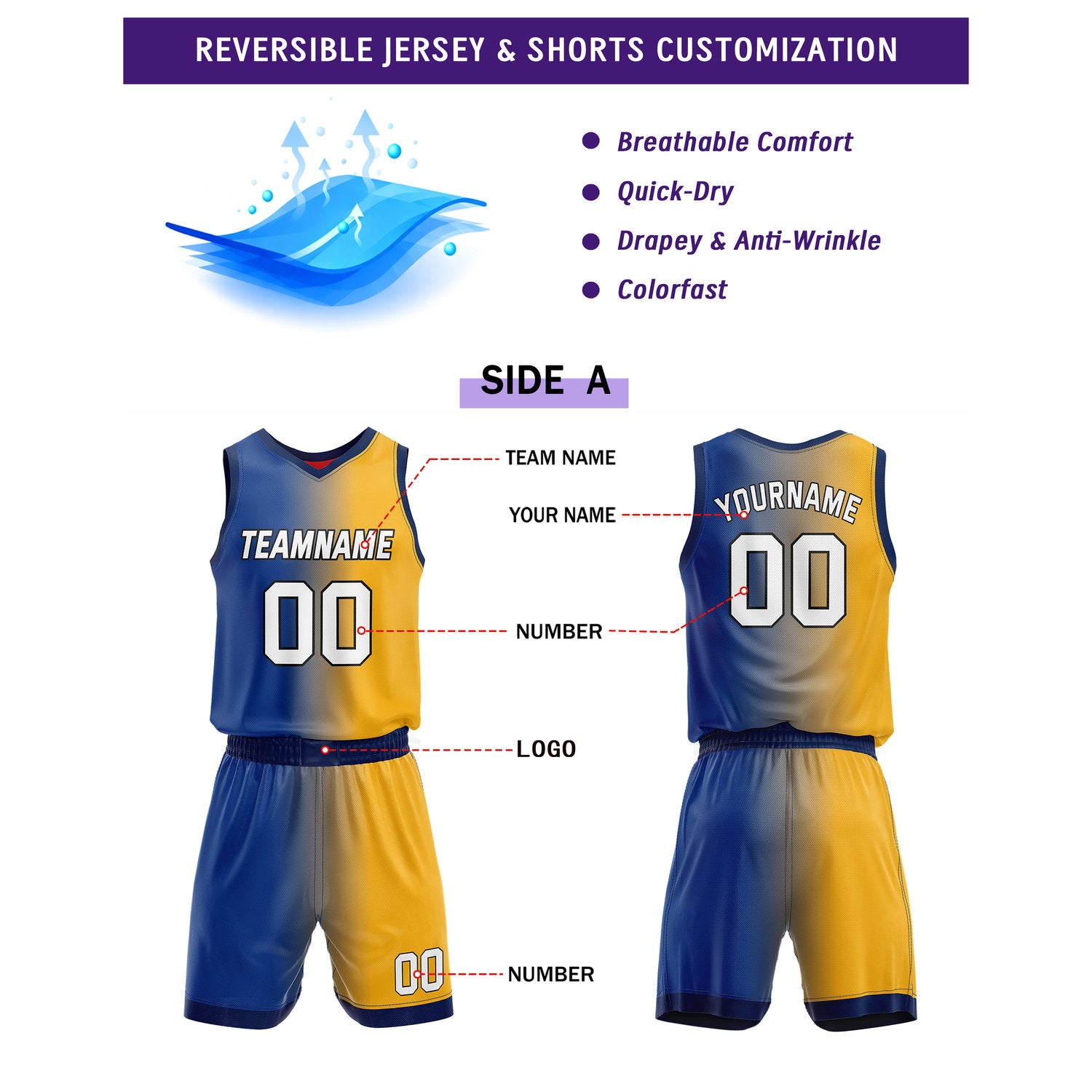 Custom Reversible Blue Yellow Red Basketball Uniform Set | Team & Player Name - Vosoli