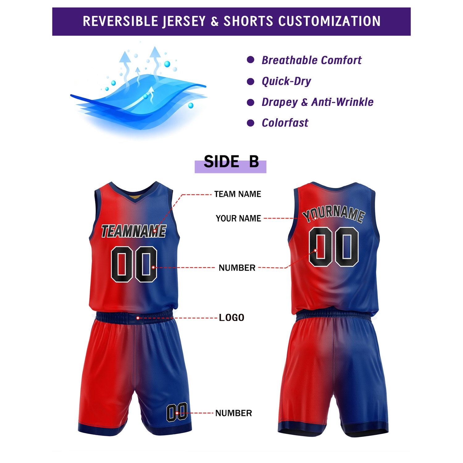 Custom Reversible Blue Yellow Red Basketball Uniform Set | Team & Player Name - Vosoli