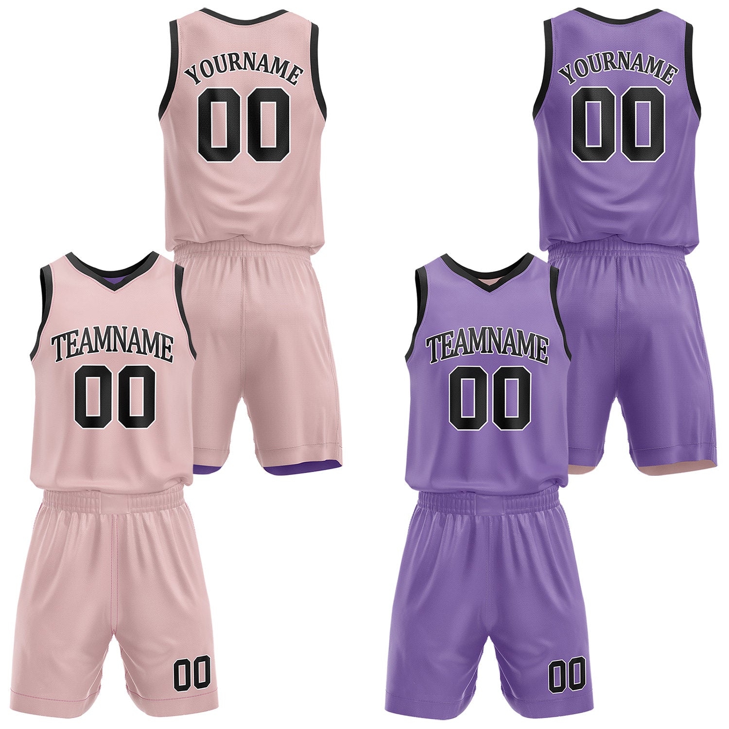 Custom reversible blush & purple basketball uniform set, personalized with team name number and logo, sports jersey and shorts for men women youth game practice - Vosoli