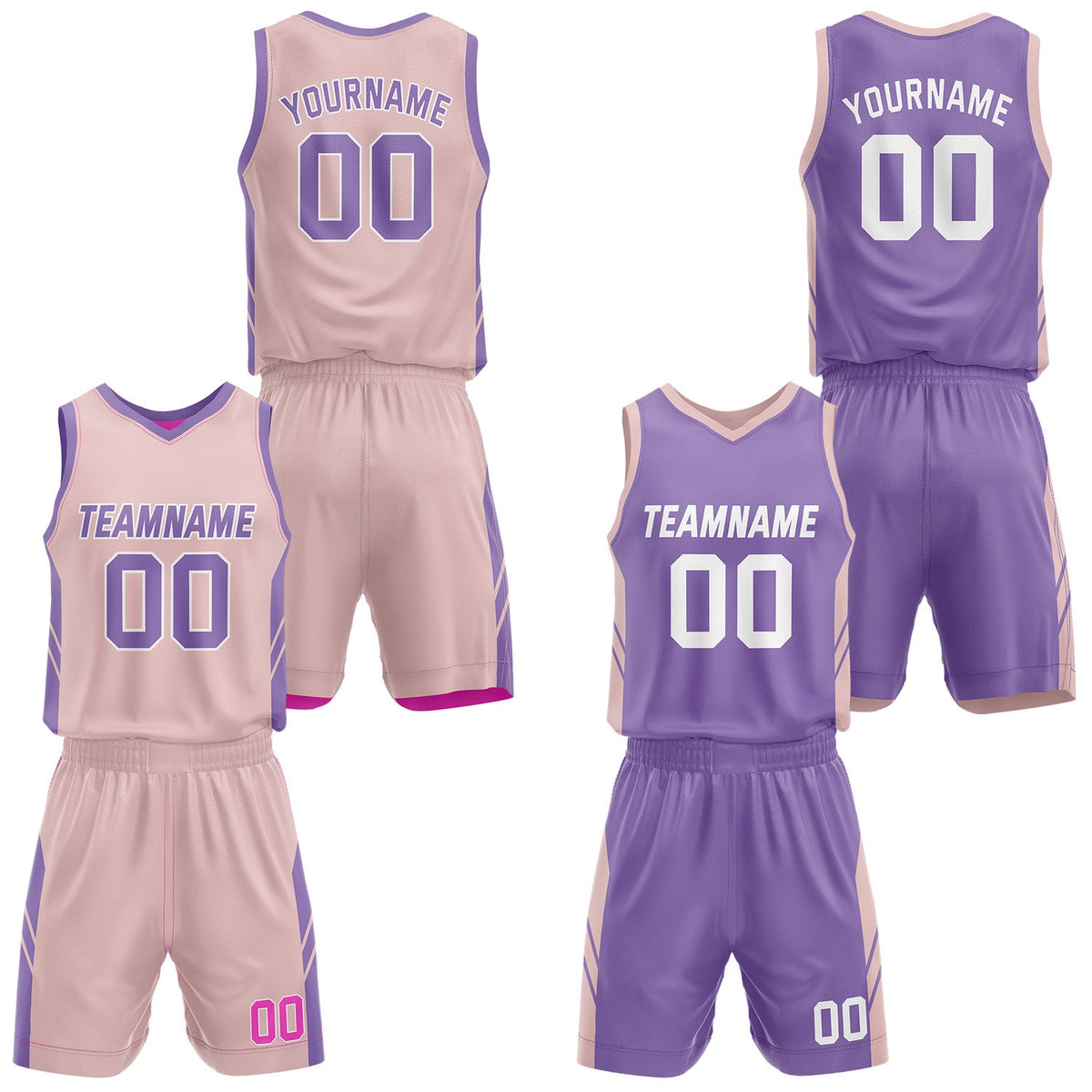 Custom Reversible Pink Purple Basketball Jersey and Shorts Set, Personalized Team Name Number Breathable Mesh Uniform for Men Women Youth