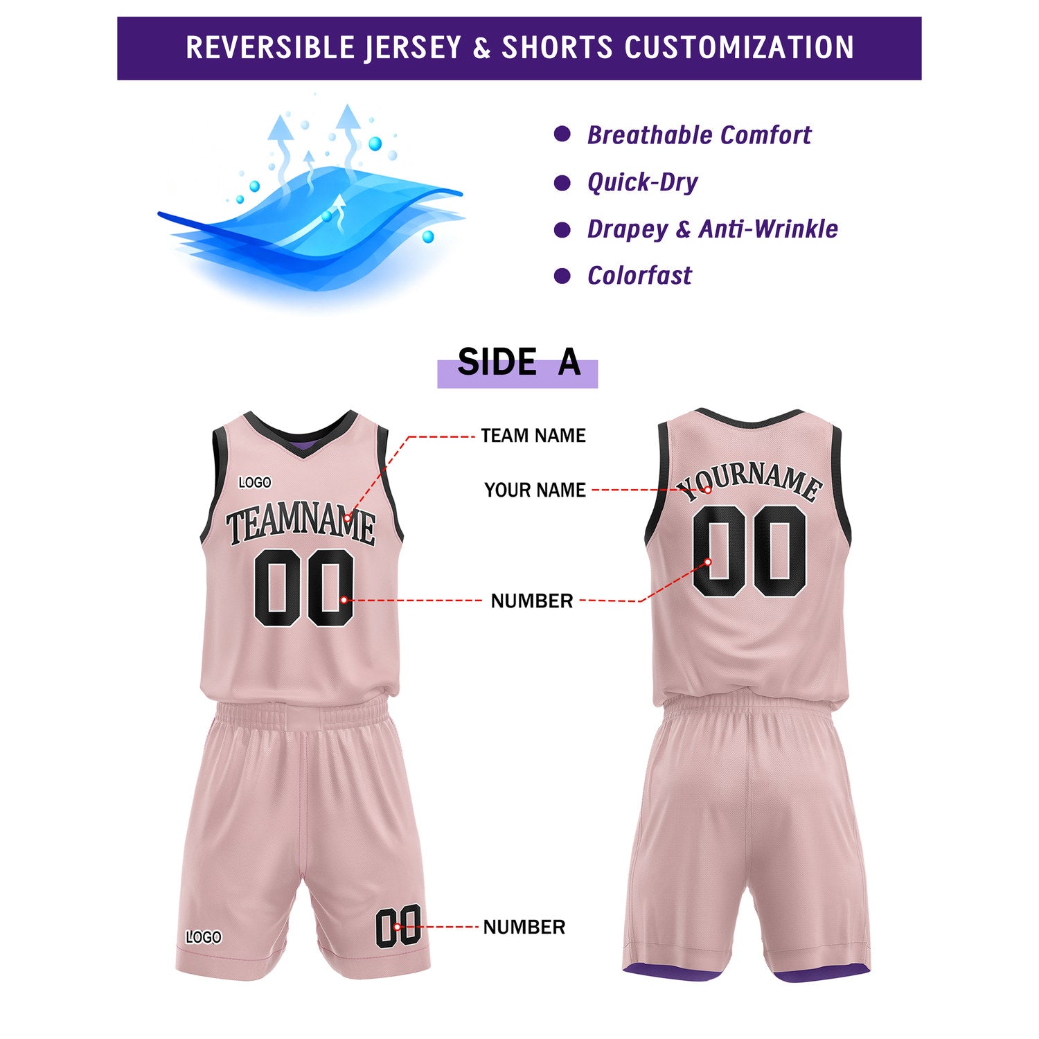 Custom Reversible Blush Purple Basketball Uniform Set | Team Name & Number - Vosoli