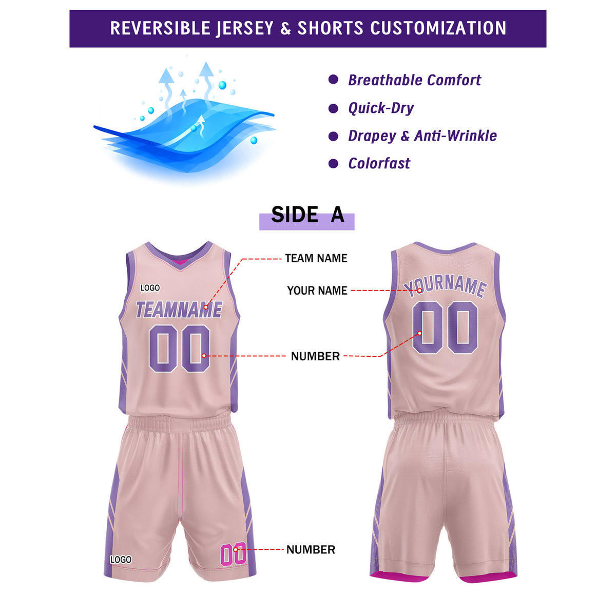 Custom Blush Purple Basketball Uniforms for Youth & Adults - Reversible Jersey Set - Vosoli