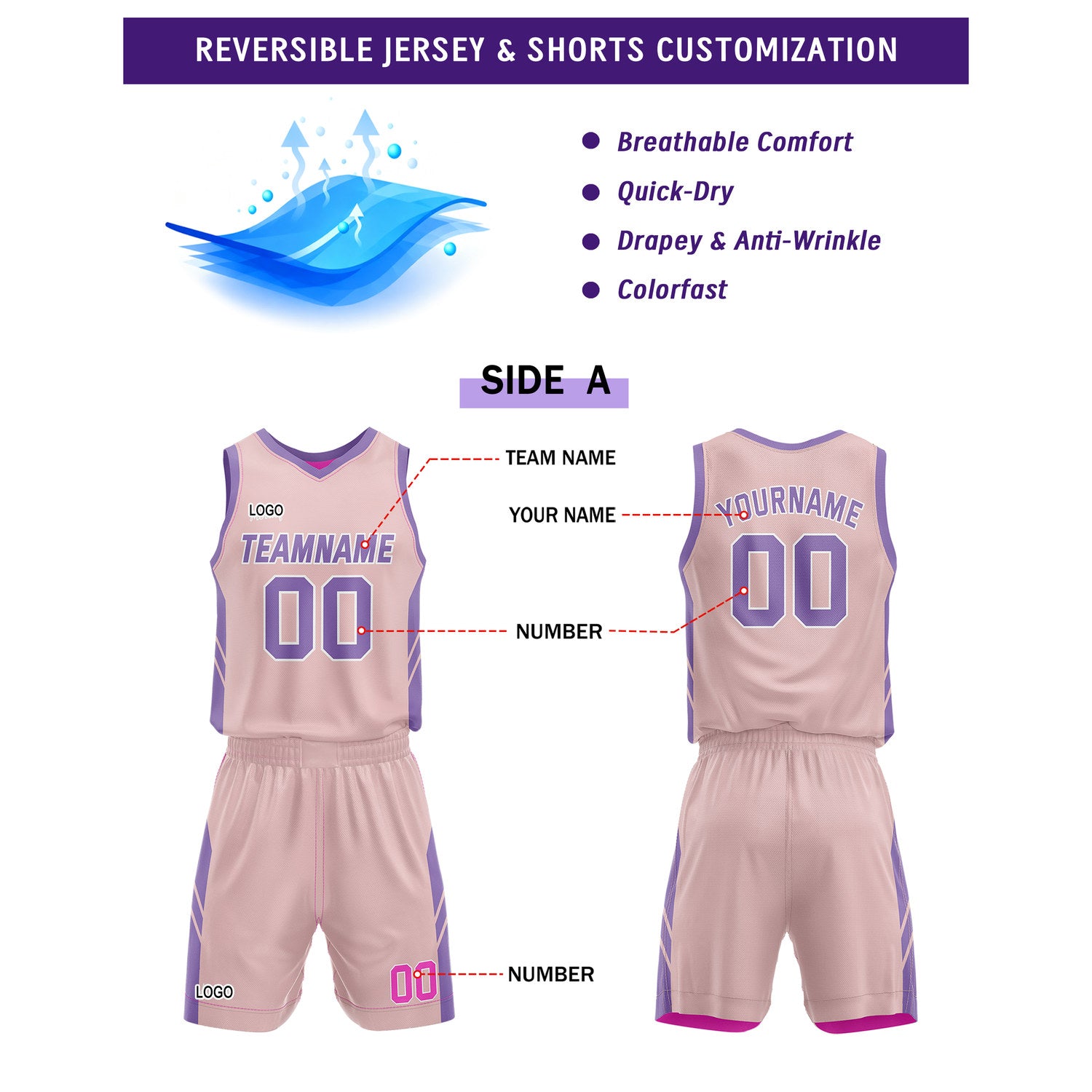 Custom Reversible Pink Purple Basketball Jersey and Shorts Set, Personalized Team Name Number Breathable Mesh Uniform for Men Women Youth