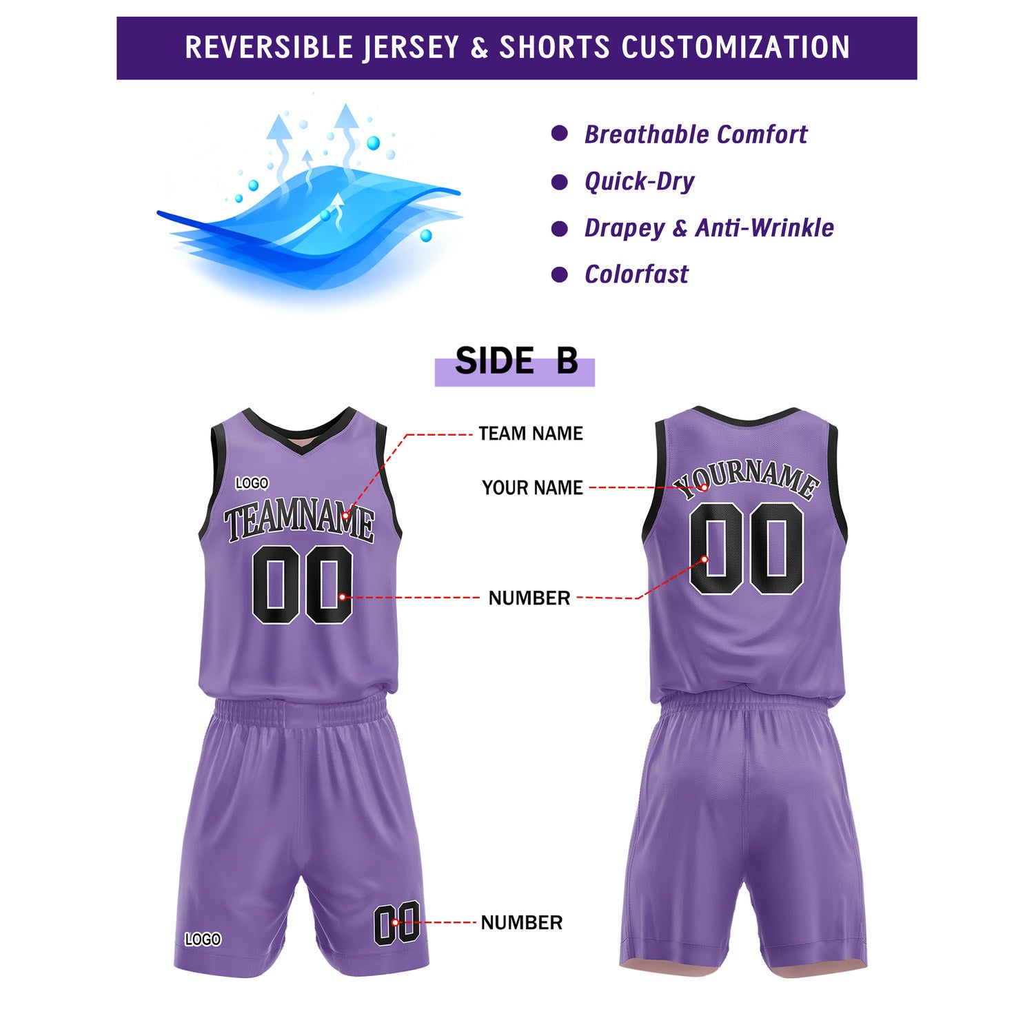 Custom Reversible Blush Purple Basketball Uniform Set | Team Name & Number - Vosoli