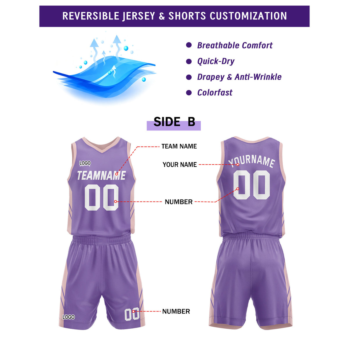 Custom Blush Purple Basketball Uniforms for Youth & Adults - Reversible Jersey Set - Vosoli