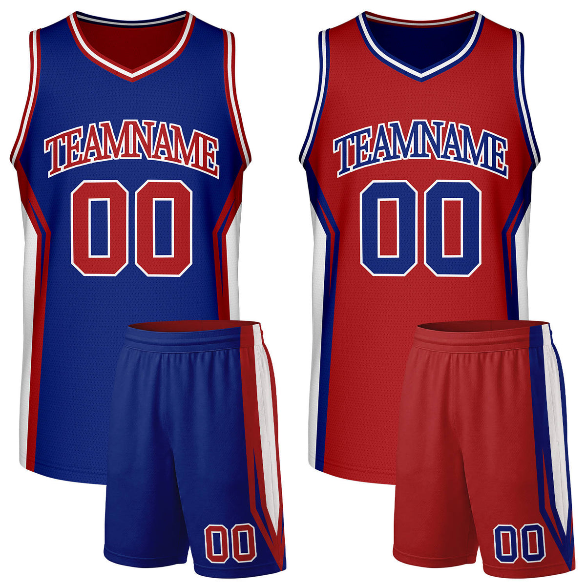 Custom Reversible Royal Blue Red Boys Basketball Uniform Set With Team Name &amp; Number. Factory-Direct, Fast Shipping.