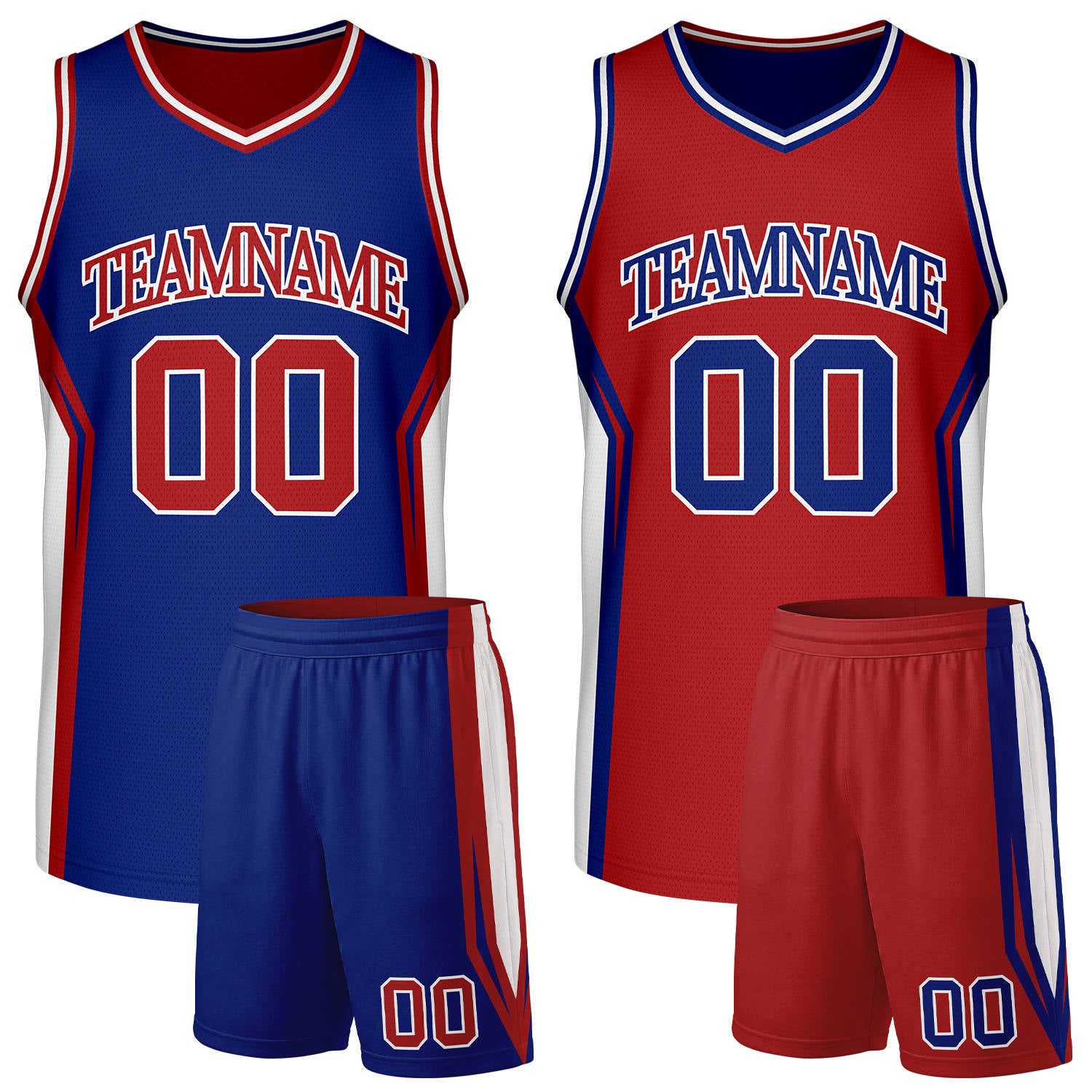 Custom Reversible Royal Blue Red Boys Basketball Uniform Set With Team Name & Number. Factory-Direct, Fast Shipping.