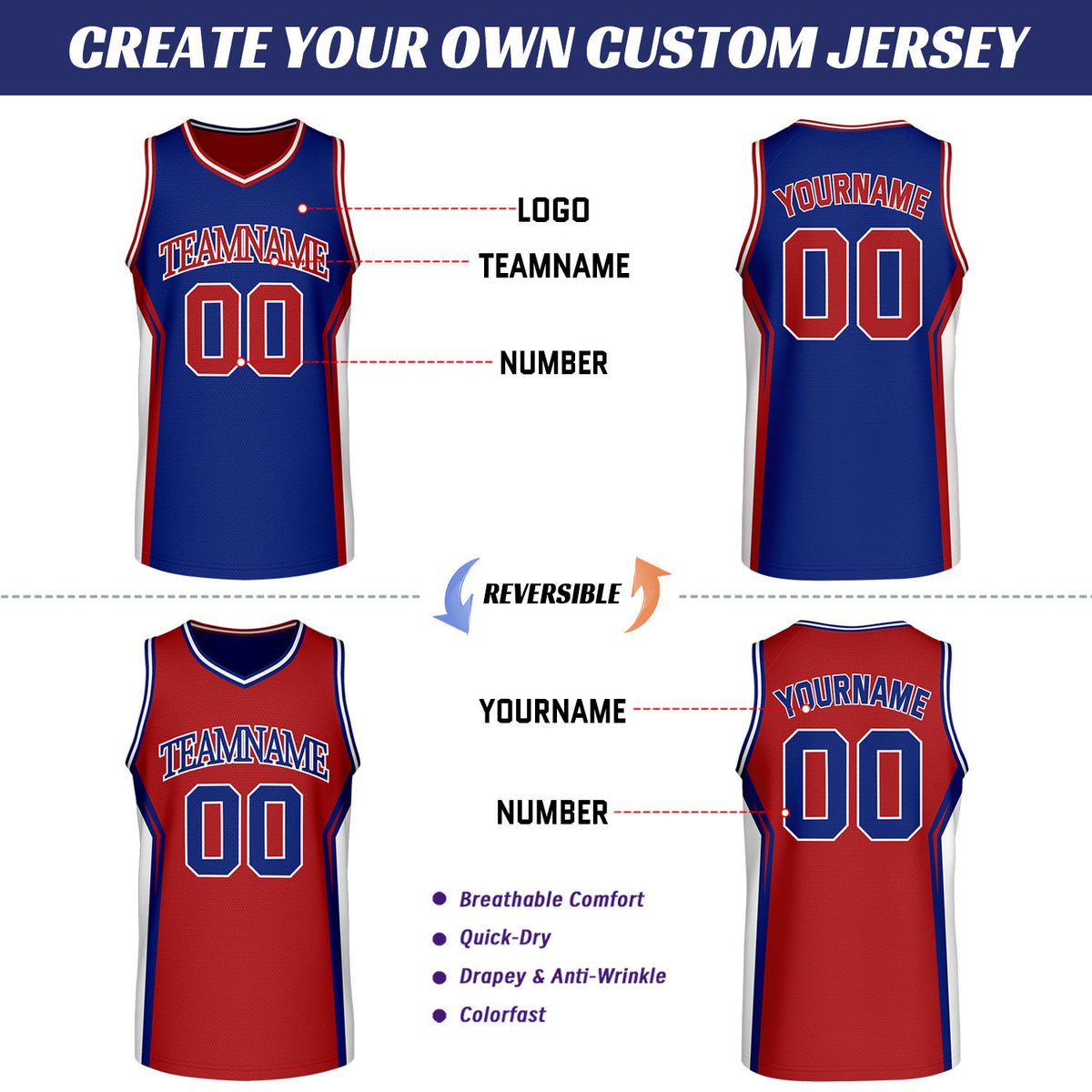 Custom Royal Blue & Red Two Sided Basketball Uniform Set | Personalized Team Uniforms for Adult & Youth