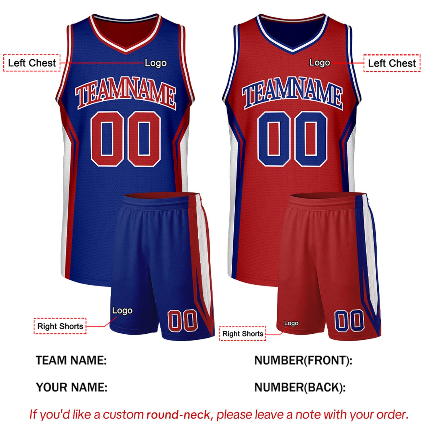 Custom Royal Blue & Red Two Sided Basketball Uniform Set | Personalized Team Uniforms for Adult & Youth