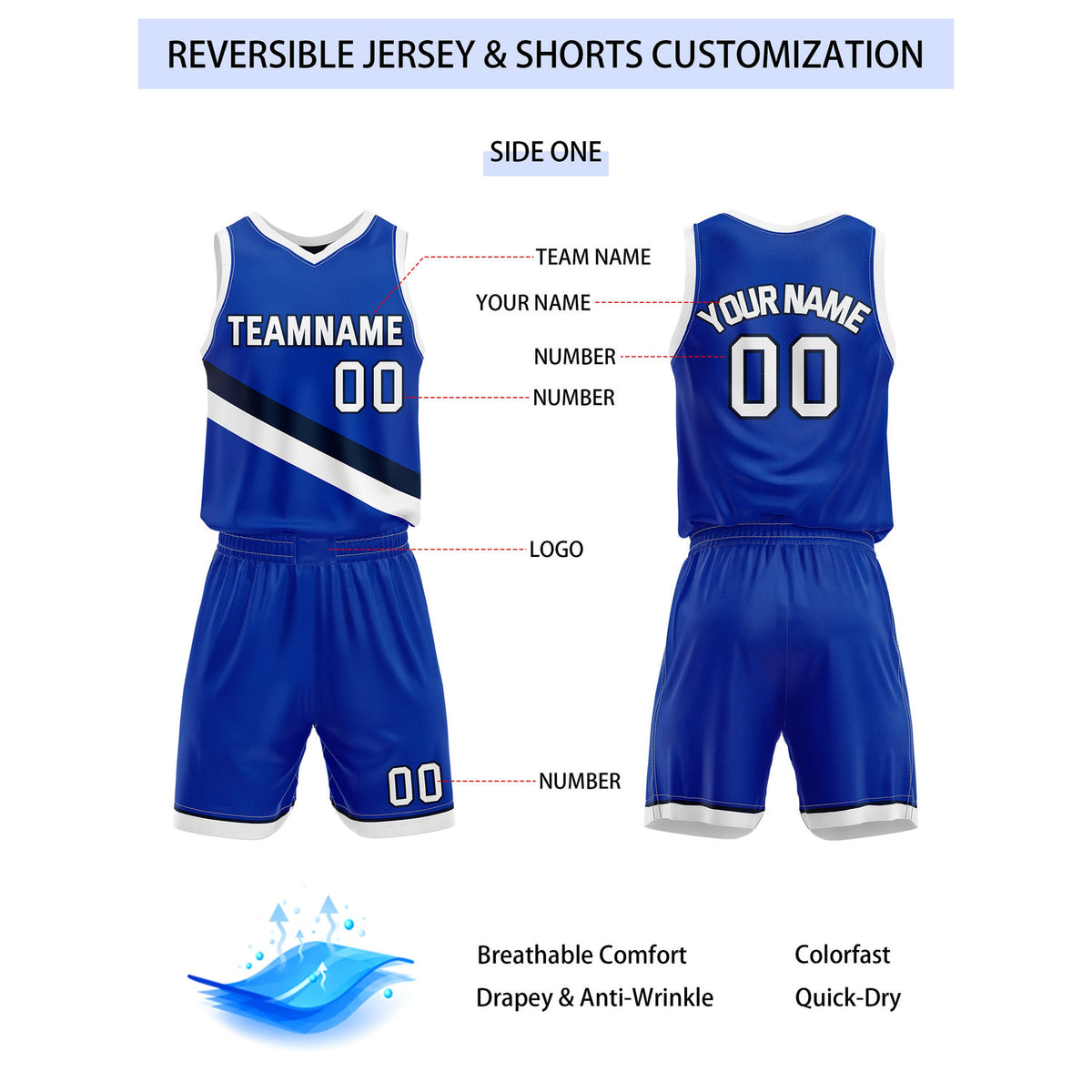 Custom Reversible Bright Blue Navy Basketball Uniform Set | Team & Player Name - Vosoli