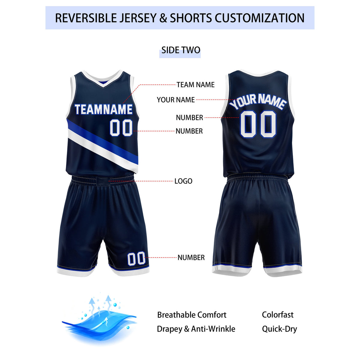 Custom Reversible Bright Blue Navy Basketball Uniform Set | Team & Player Name - Vosoli