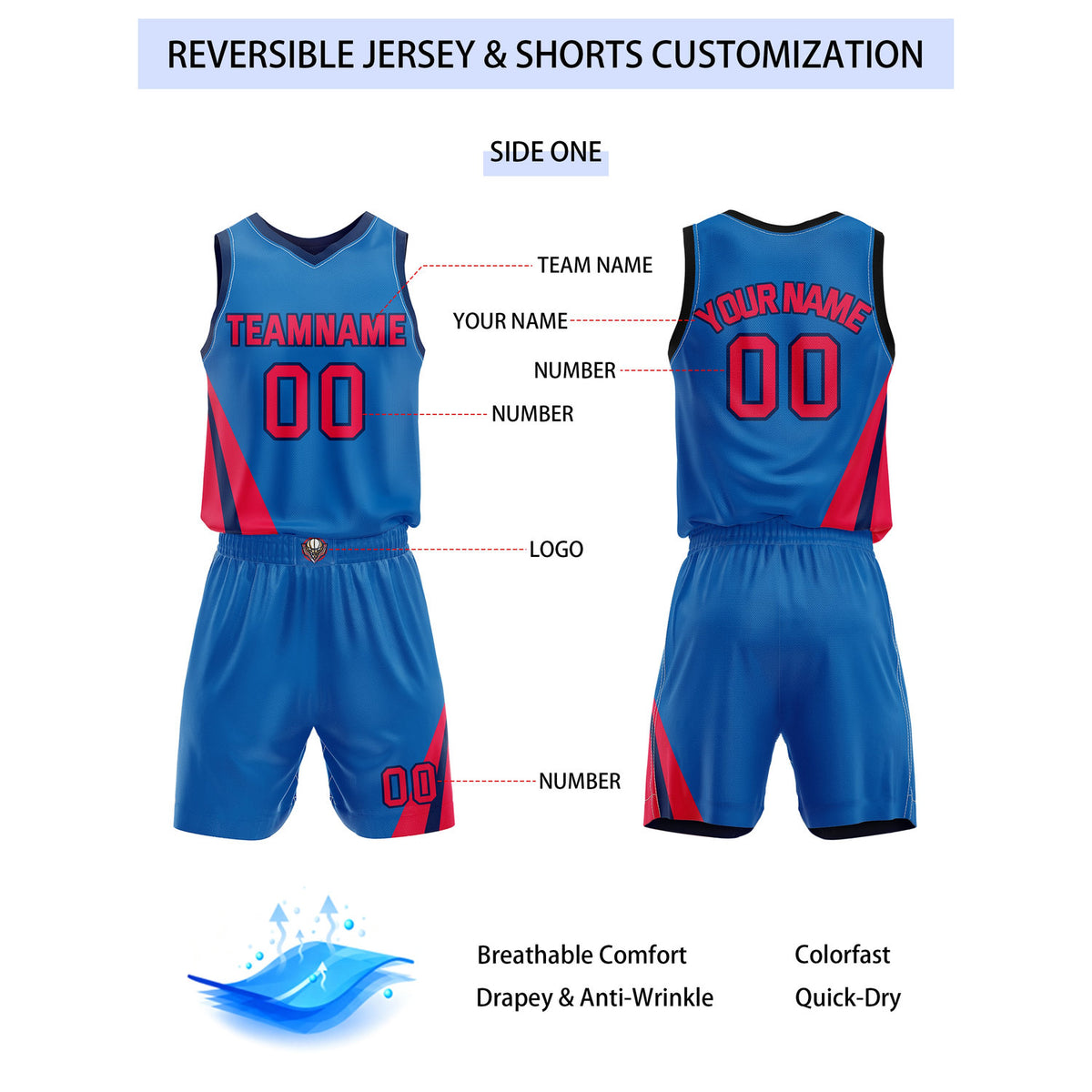 Custom Reversible Bright Blue Navy Red Basketball Uniform Set | Team & Player Name - Vosoli