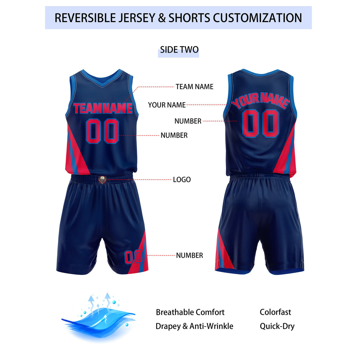 Custom Reversible Bright Blue Navy Red Basketball Uniform Set | Team & Player Name - Vosoli