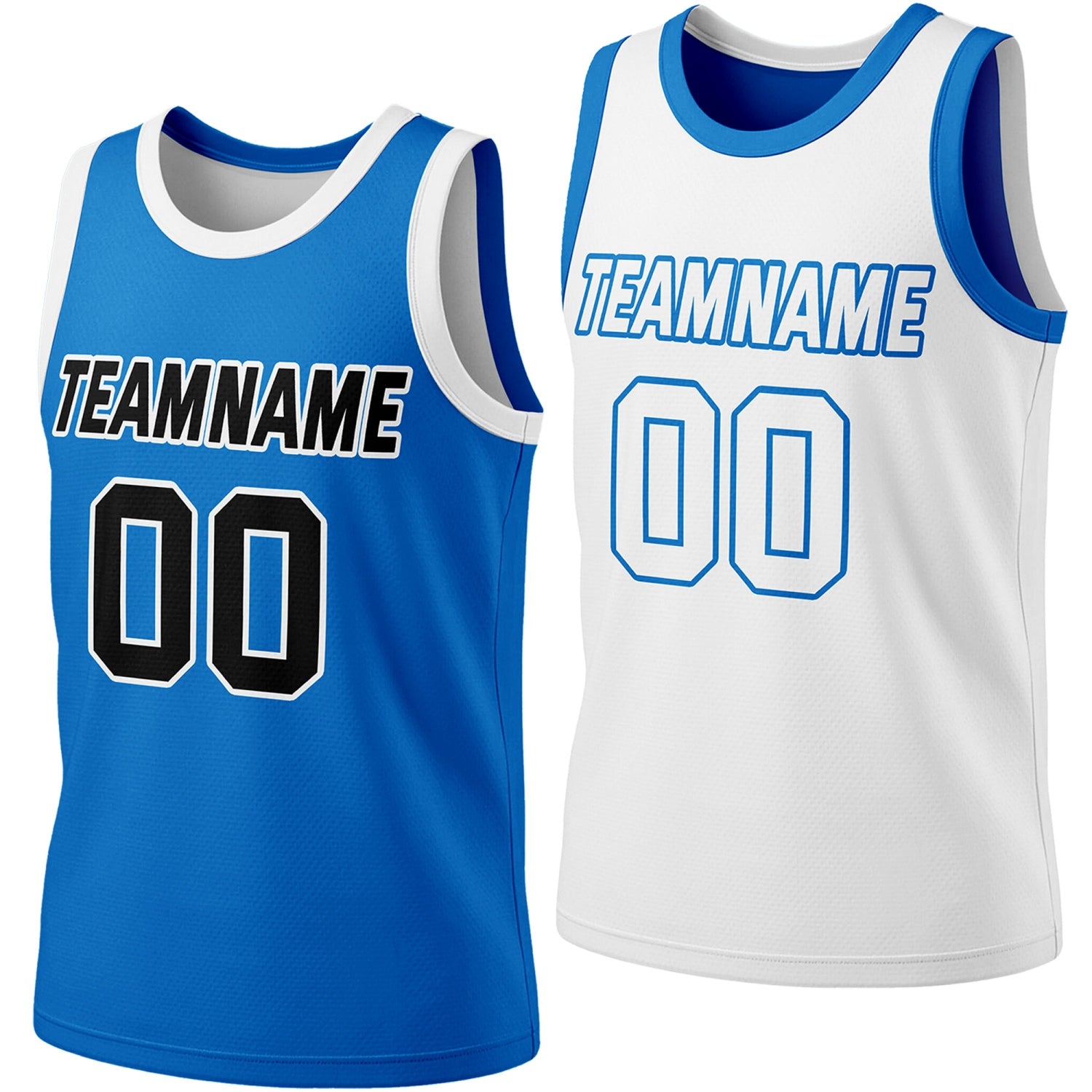Custom reversible bright blue & white basketball jersey, personalized team name number logo, breathable mesh fabric sports top for men women youth Adult game practice - Vosoli