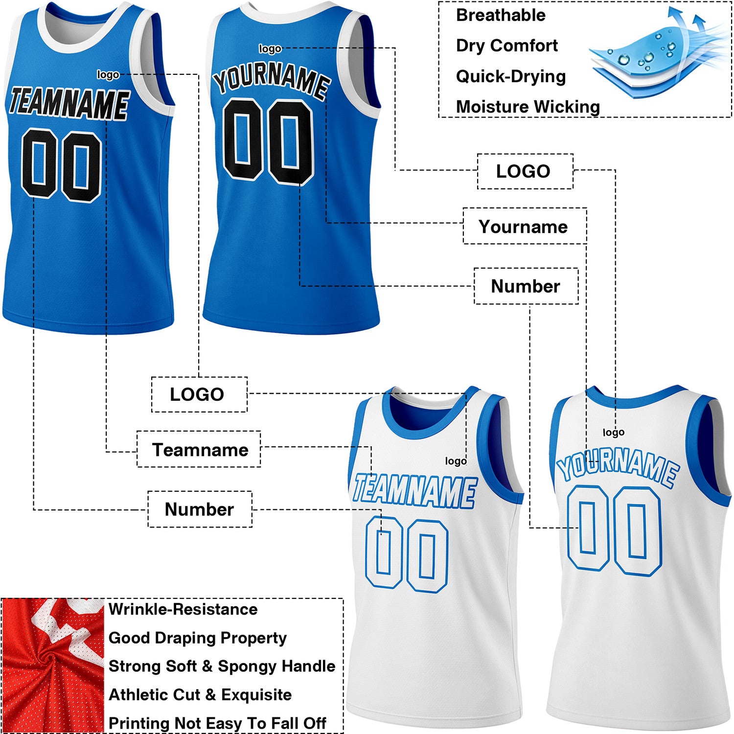 Custom Reversible Bright Blue & White Basketball Jersey | Personalized Team Jersey | Vosoli