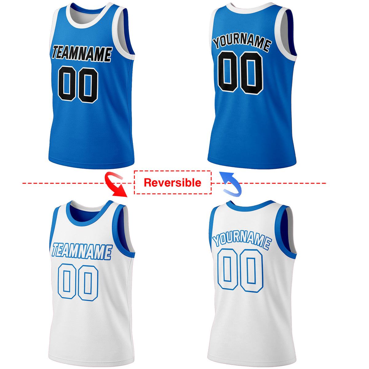 Custom Reversible Bright Blue & White Basketball Jersey | Personalized Team Jersey | Vosoli