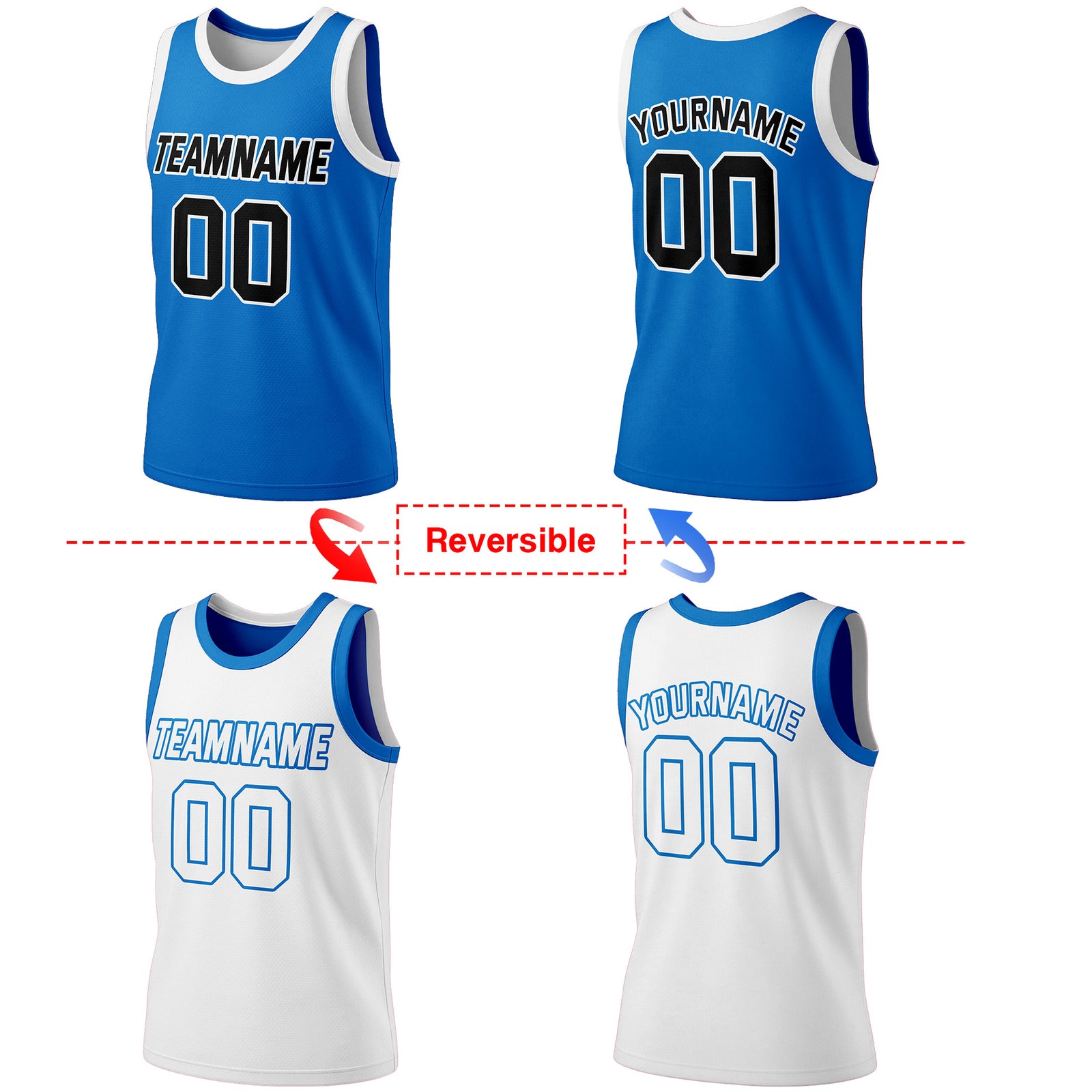 Custom reversible bright blue & white basketball jersey, personalized team name number logo, breathable mesh fabric sports top for men women youth Adult game practice - Vosoli